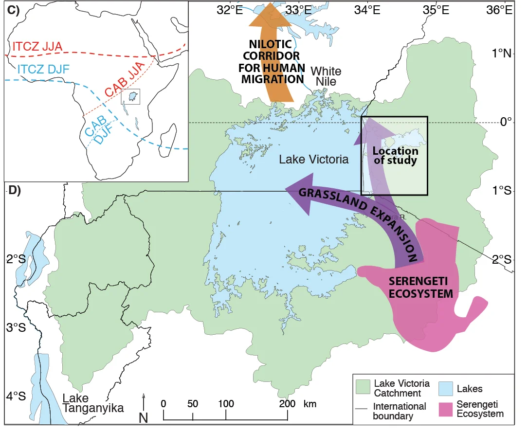 Location of the modern Serengeti Ecosystem, which evidence from paleosols suggests may have expanded during the Late Pleistocene as Lake Victoria dried up. 