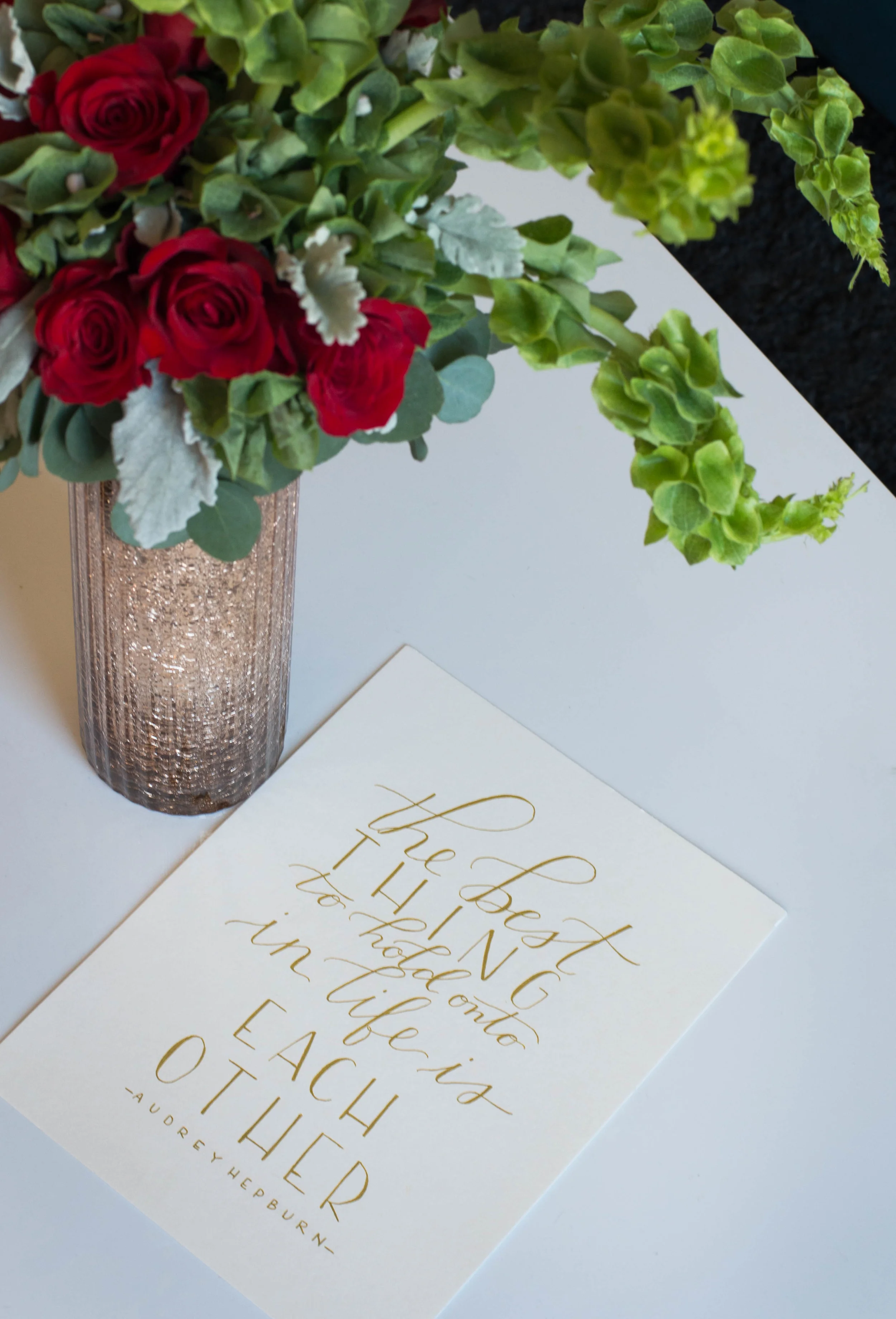 Florals by: Sarah Woodall of Gold Leaf Floral Calligraphy by: Ginger Swan of Swan Lindsey Lettering