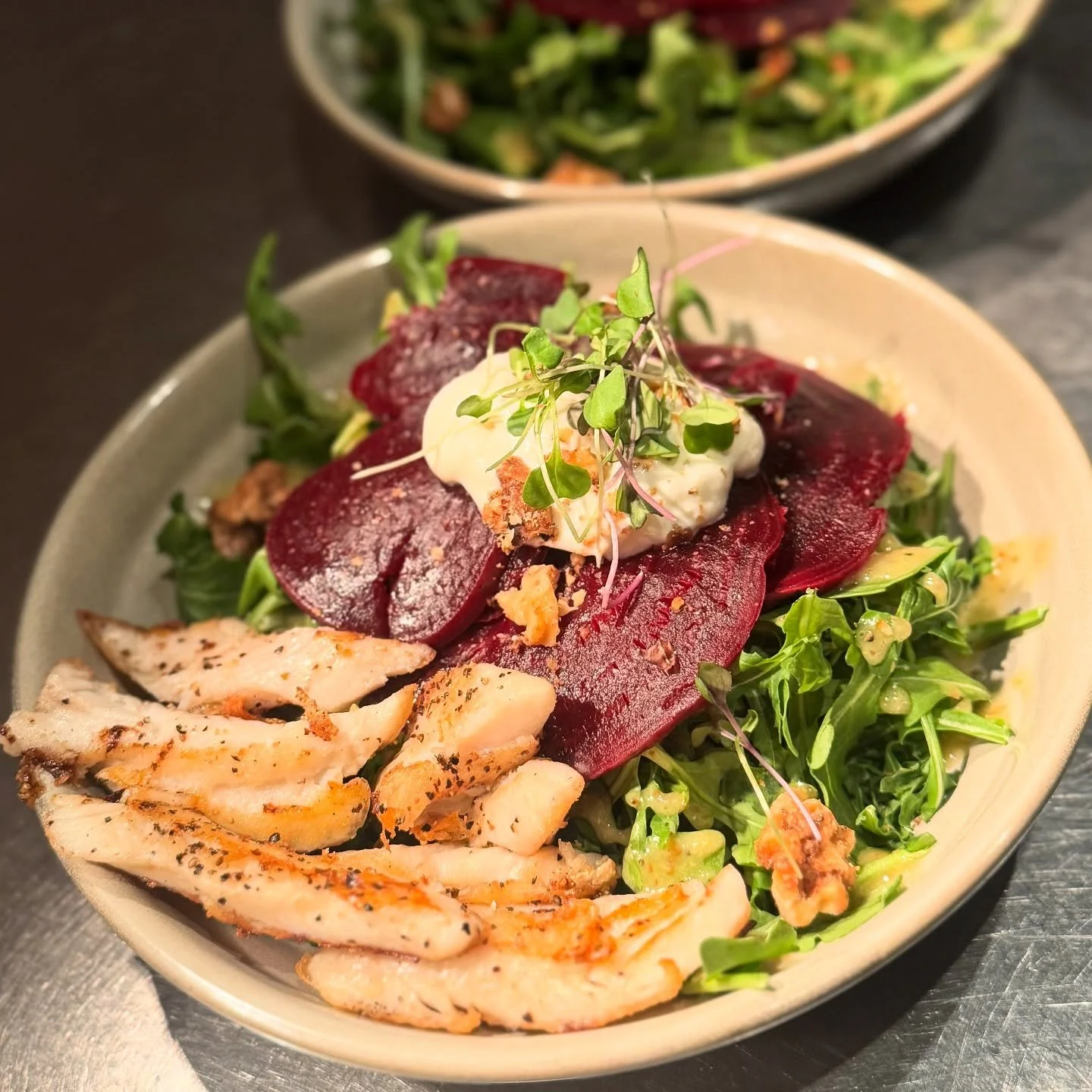 One beautiful salad, 5 local ingredients. Organic arugula, Loma Farm beets, Idyll Farms ch&egrave;vre, Sleeping Bear Honey Farm honey, Lakeview Hill Farm micro greens, Great Lakes walleye, apple thyme vinaigrette with organic apples, house made gmo-f
