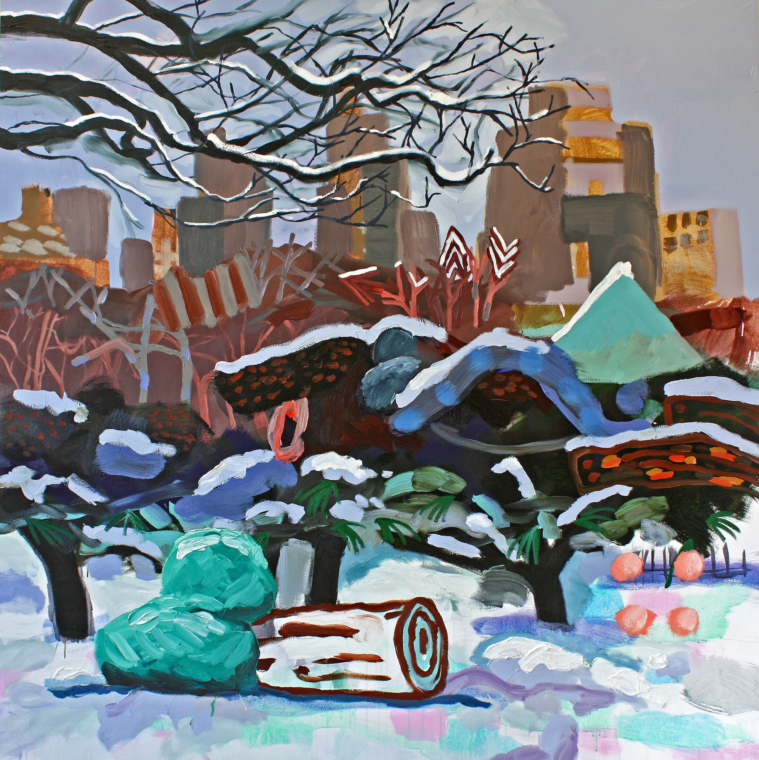 Snowy Park with Log and Lumpy Green Thing, 2016. Oil and acrylic on canvas, 72 x 72 inches. o