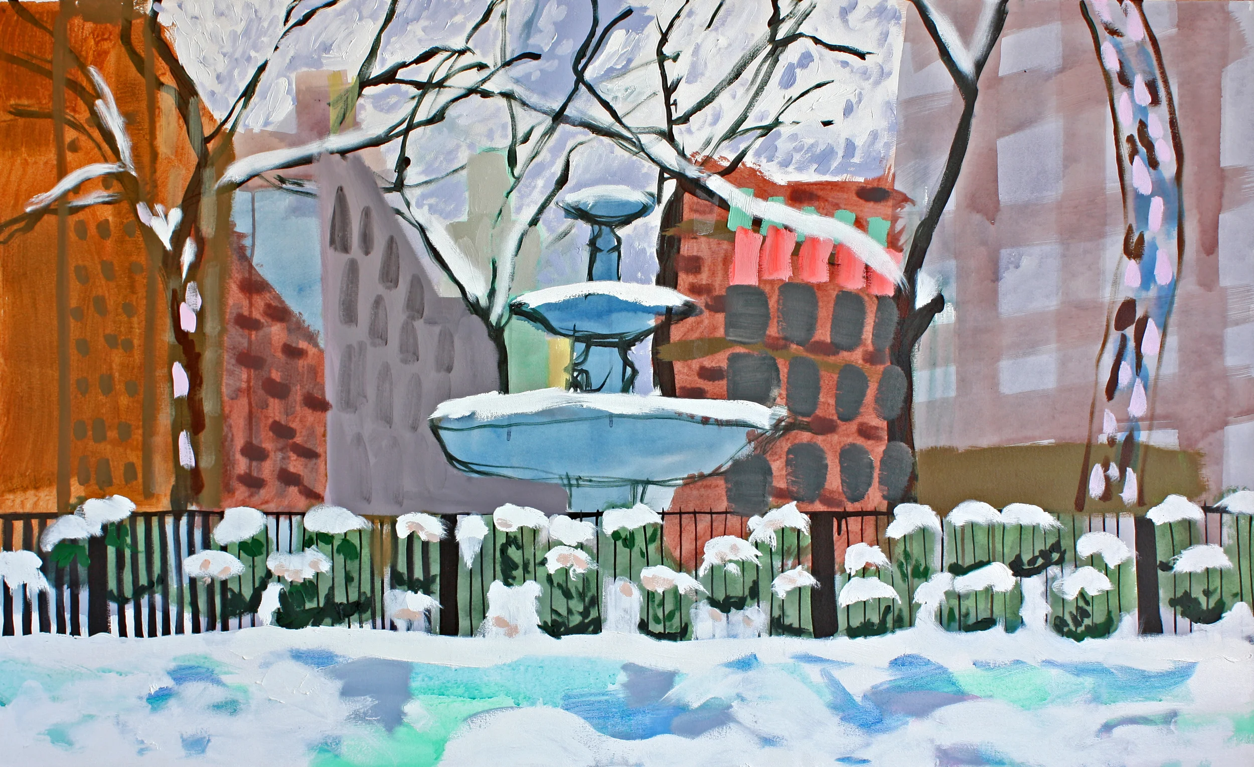 Fountain in Snow, 2016. Oil and acrylic on canvas, 36 x 59 inches