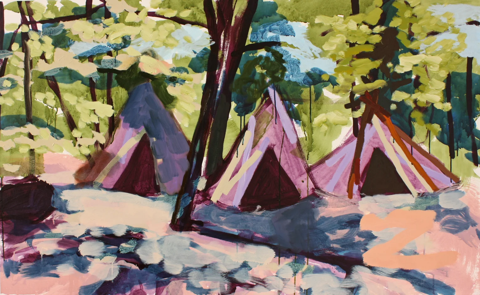 Three Teepees, 2014. Oil and acrylic on canvas, 36 x 58 inches 