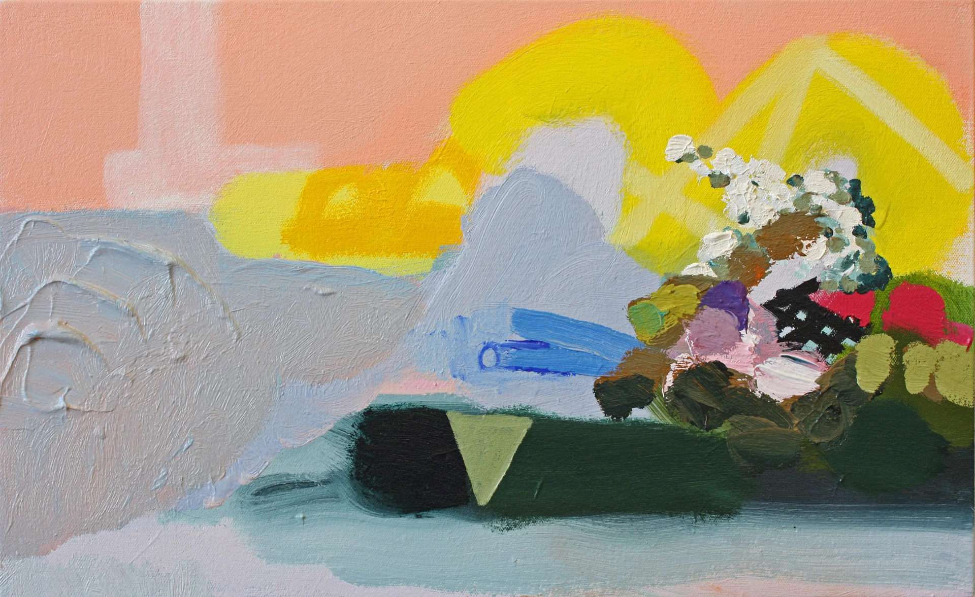 Making their rounds in the city the sentinels found me, 2012. Oil and acrylic on canvas, 12 x 20 inches