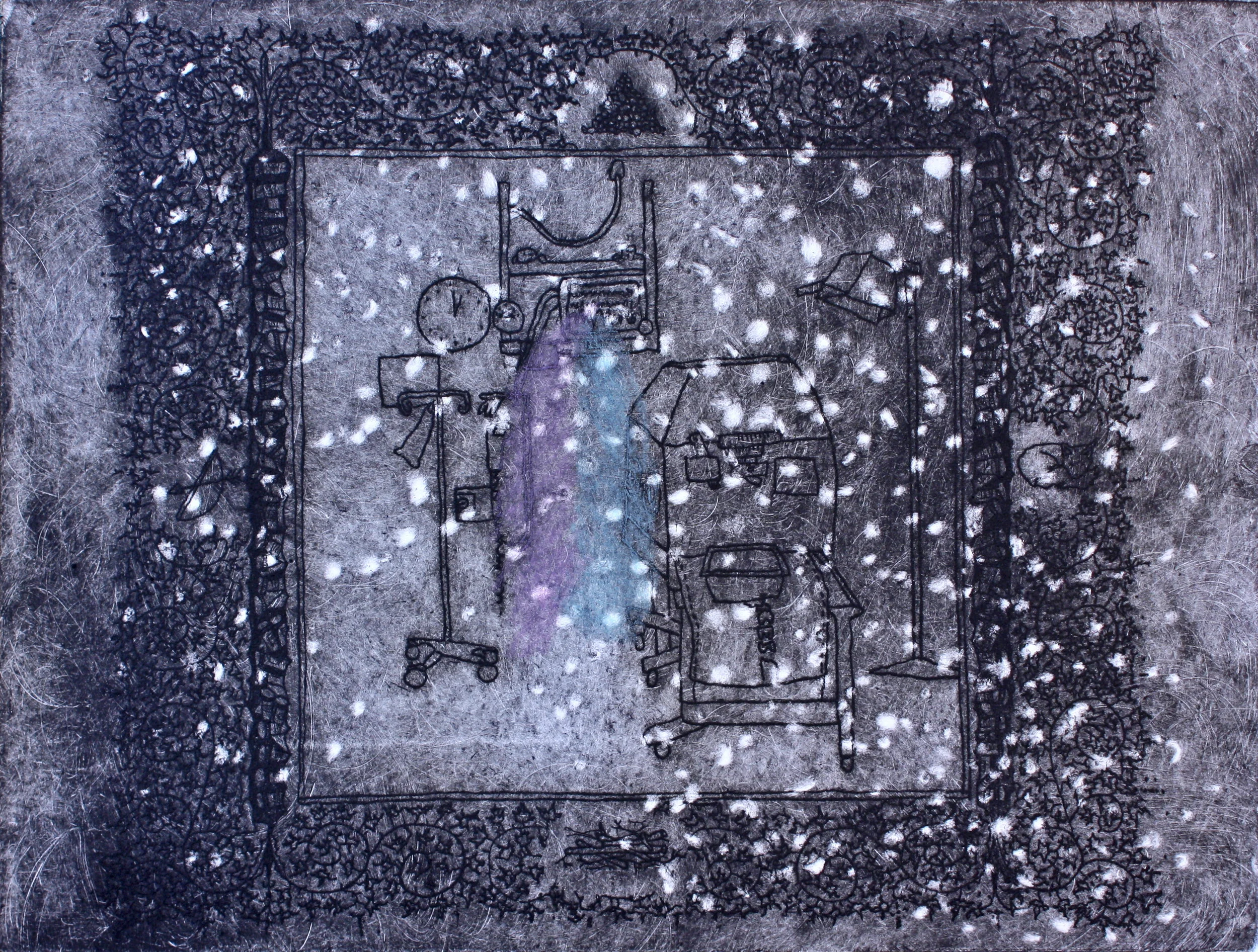 Around it are sixty mighty men of Israel , 2012. Soft ground etching, colored pencil on paper , 9 x 12 inches. o