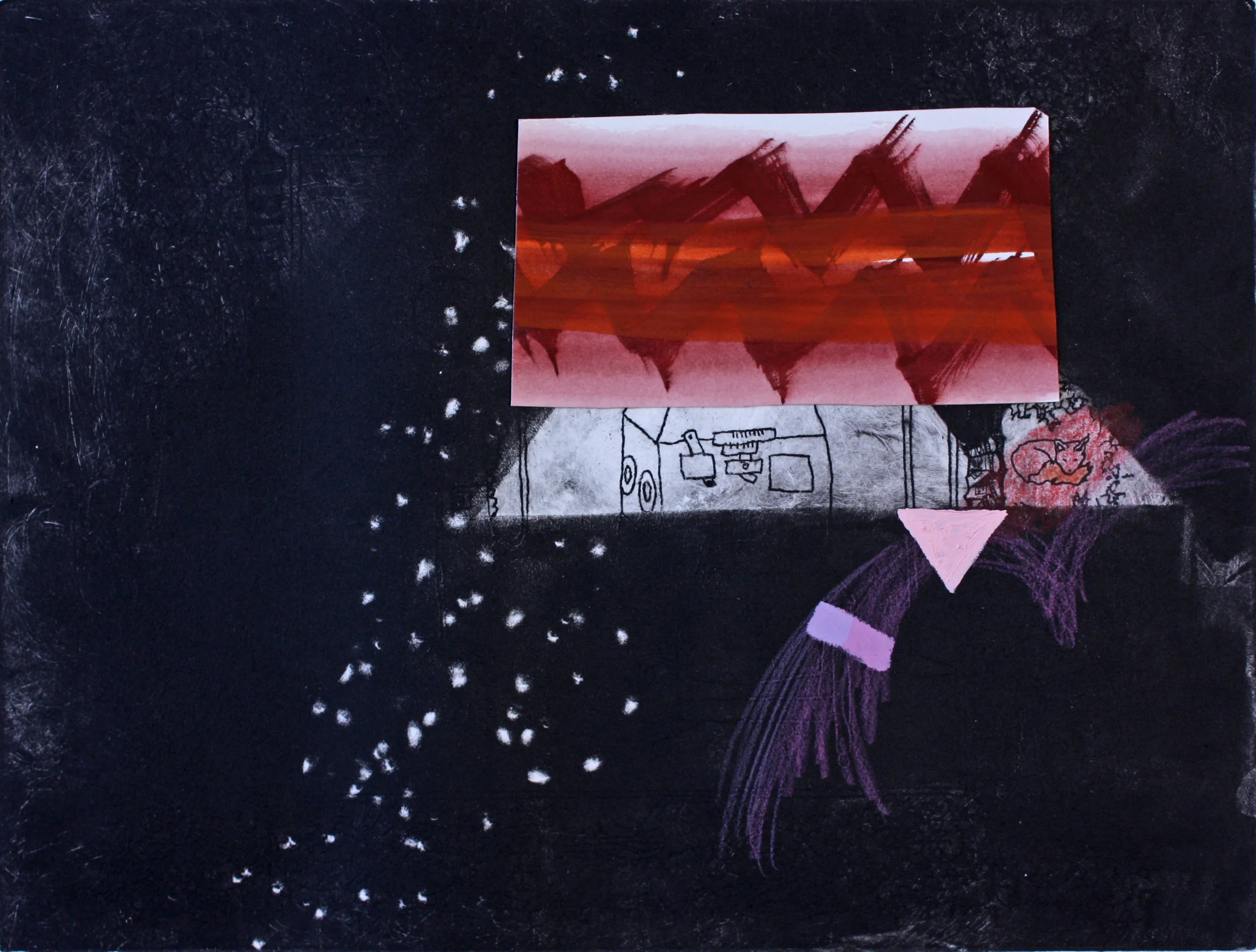 All equipped with swords and experts in war, 2012. Soft ground etching, colored pencil, gouache, acrylic, ink, collage on paper, 9 x 12 inches . o