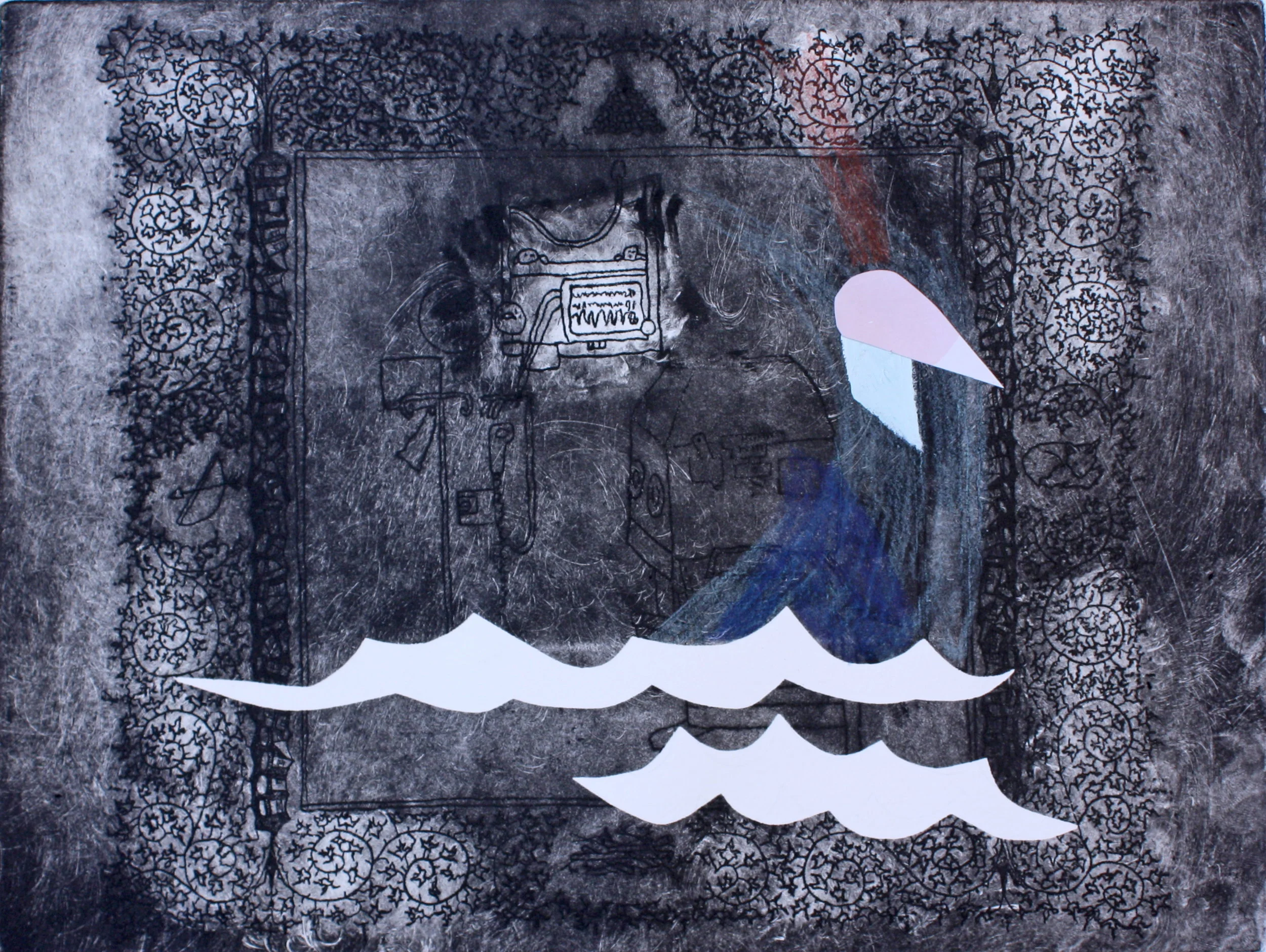 Each with his sword at his thigh because of alarms by night, 2012. Soft ground etching, colored pencil, gouache, oil, collage on paper, 9 x 12 inches. o 