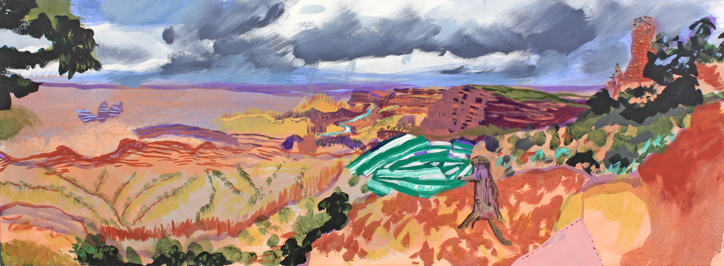 Desert View with Mary and Suzanne (The Ramadan), 2017, oil and acrylic on canvas, 22 x 60 inches