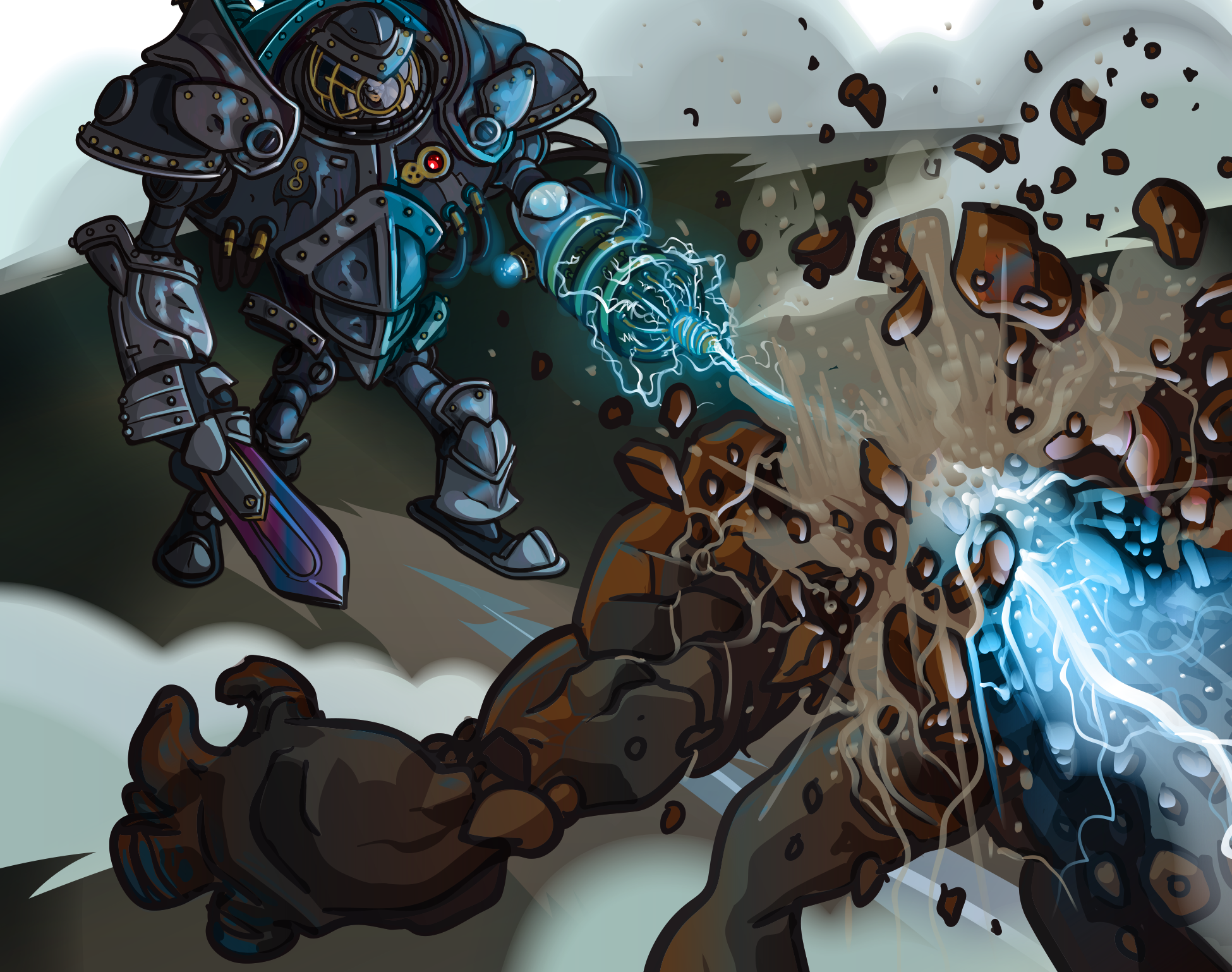 Guild war cog taking down an Ore golem. BOOM!