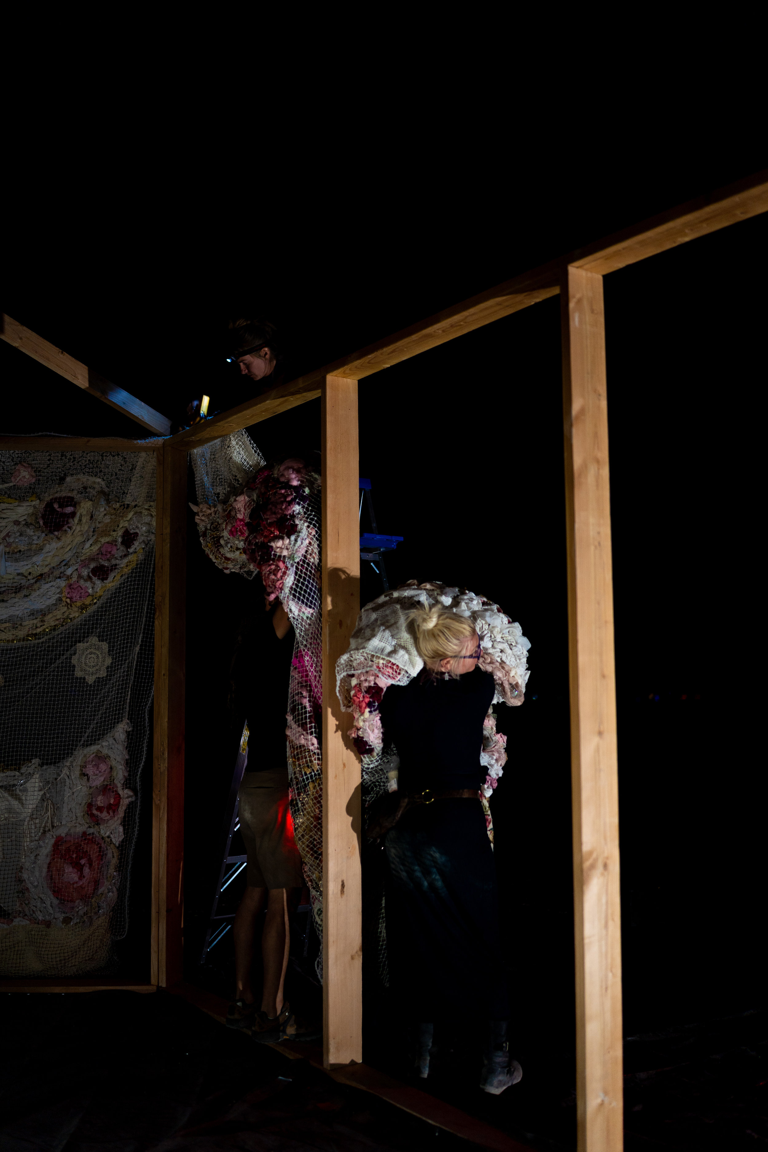 Final panel is going up with the help of none other than Zilla, the other one of two women who originated and initiated the Bee Divine Hive Temple project. Zilla is the real deal, a multi-disciplinary artist and maker, on top of the details while attentive and patient to the process. So much of the design and construction of the temple was under her care and we were all grateful for it. Truly a leader who leads by example.