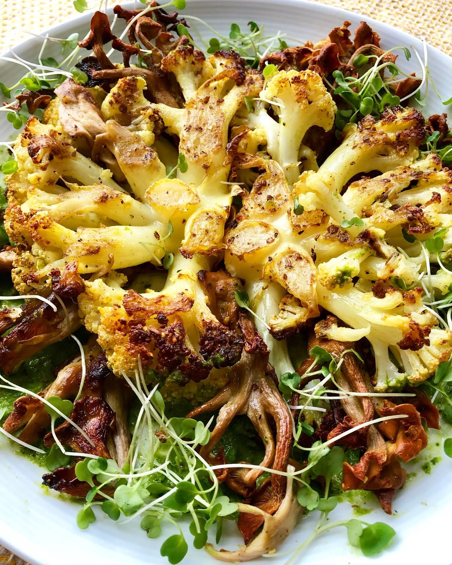 Roasted Cauliflower and Oyster Mushrooms with Cilantro Chutney