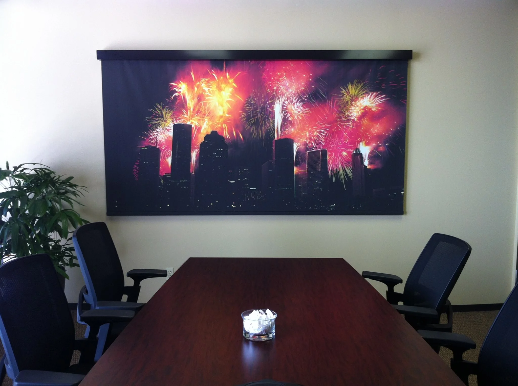 Custom printed window shade in conference room. This shade was specifically used to cover a whiteboard while not in use.