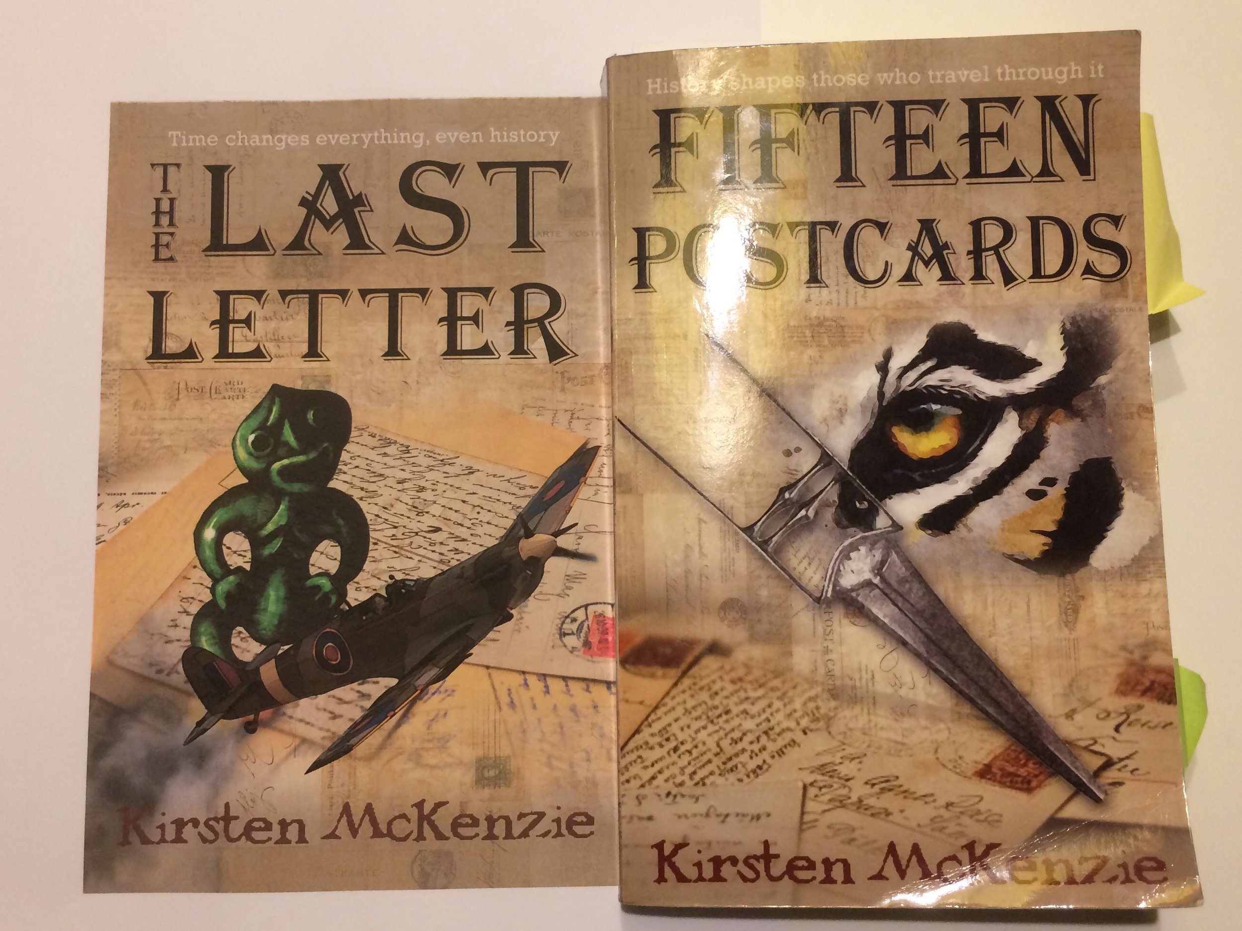 Comparison of draft cover #3 and the final cover of Fifteen Postcards. Note the placement of the author name.