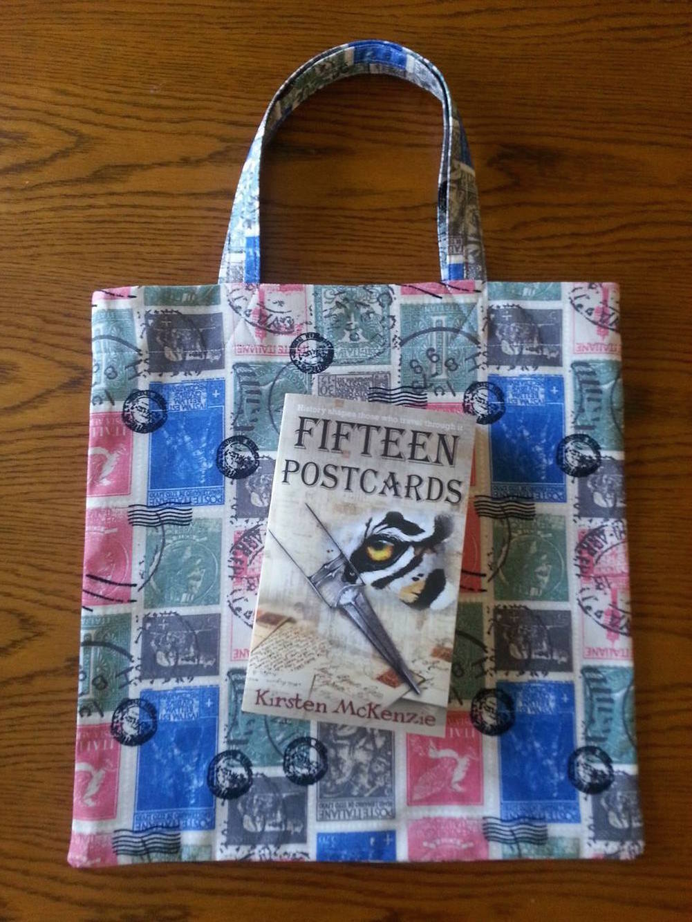 Book bags made from postage stamp fabric