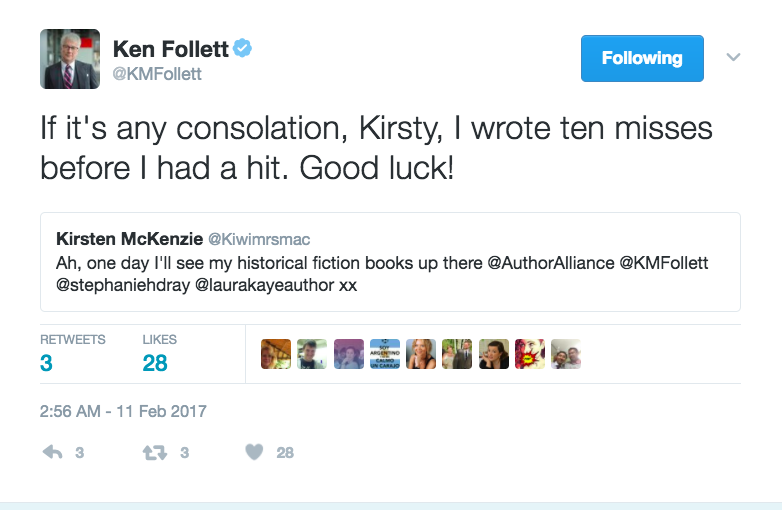 This picture shows a screenshot of a Tweet from Ken Follett to Kirsten McKenzie, dated 11 February 2017