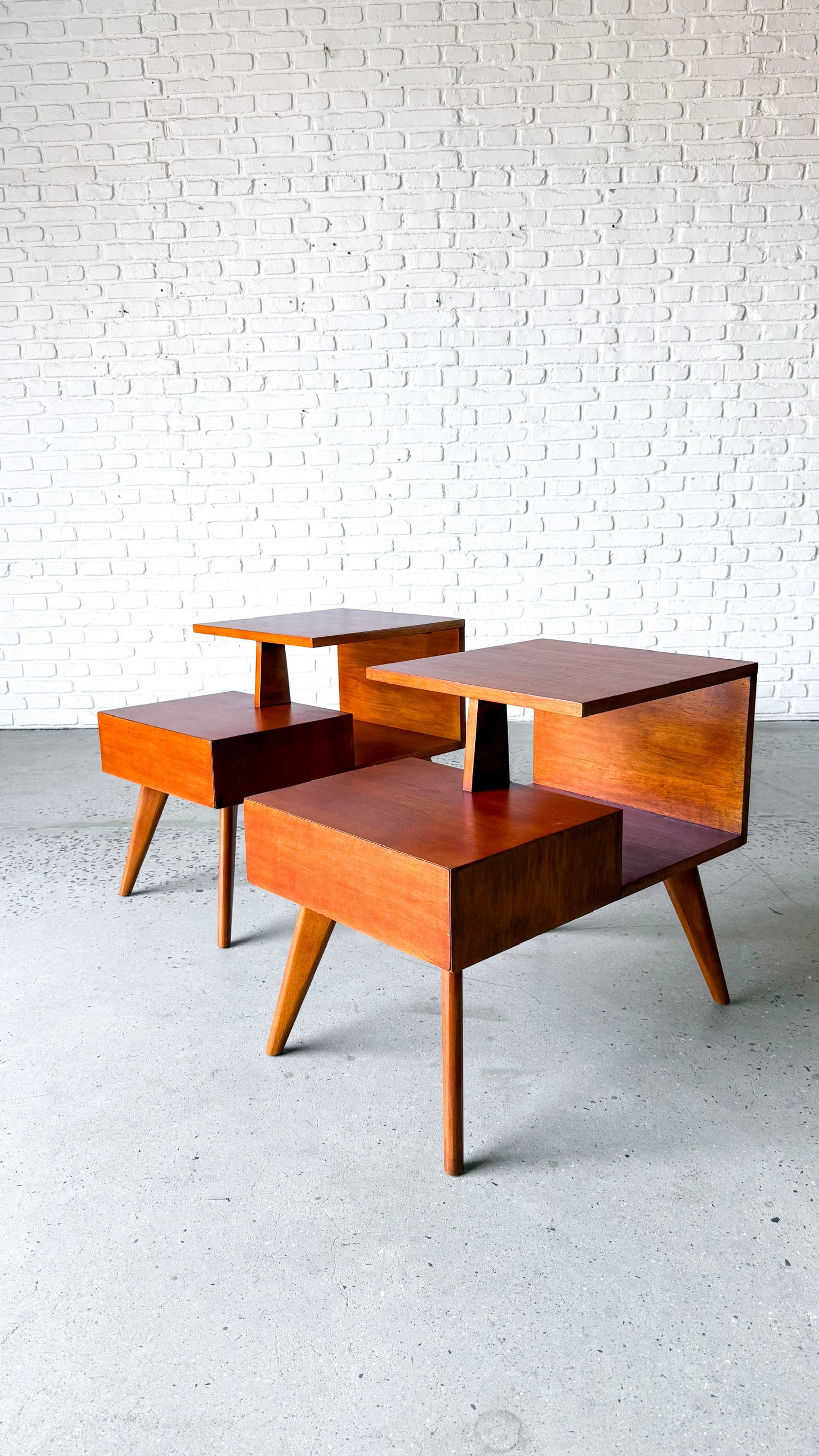 1950s Two Tiered Cantilever Side Tables Pair with hidden drawer- Refinished! (Copy)