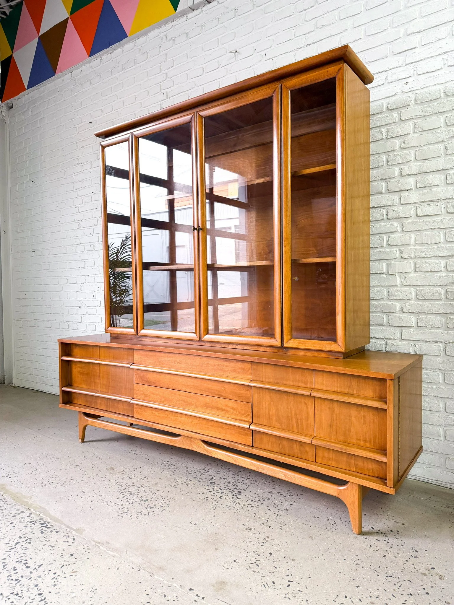 Curved Front Walnut Credenza by Young MFG with Hutch Top4.jpg