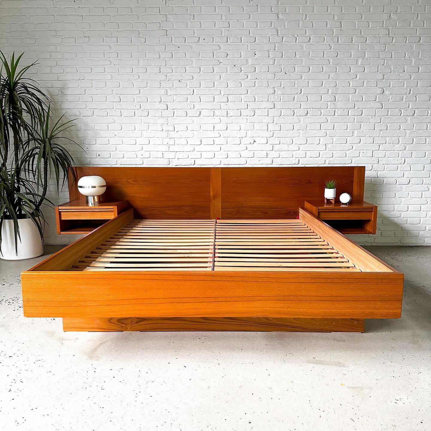 Danish Modern QUEEN SIZE teak platform bed, with two large hidden drawers (who couldn&rsquo;t use more storage?), and two floating nightstands. Nightstands have a few marks on the top that don&rsquo;t bother me. And we did some minor repairs that are