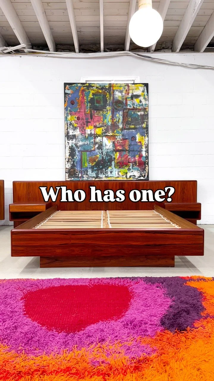 Queen size rosewood platform bed, with built in floating nightstands. Made in Denmark by the fine folks at Sannemann Mobelfabrik in the 1960s. Great original condition.
Such a clean design.
114” x 89” x 29.5” tall
Was $3200, now