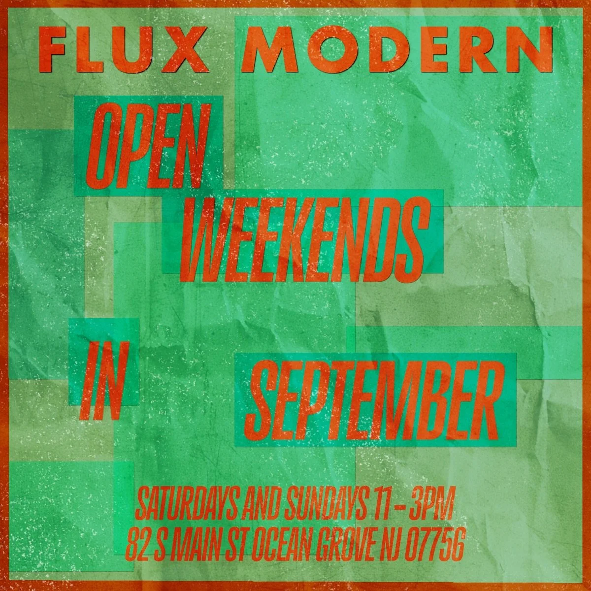 🚨FLUX MODERN WAREHOUSE🚨
OPEN SATURDAYS AND SUNDAYS
11-3pm
82 S Main St
Ocean Grove NJ 07756