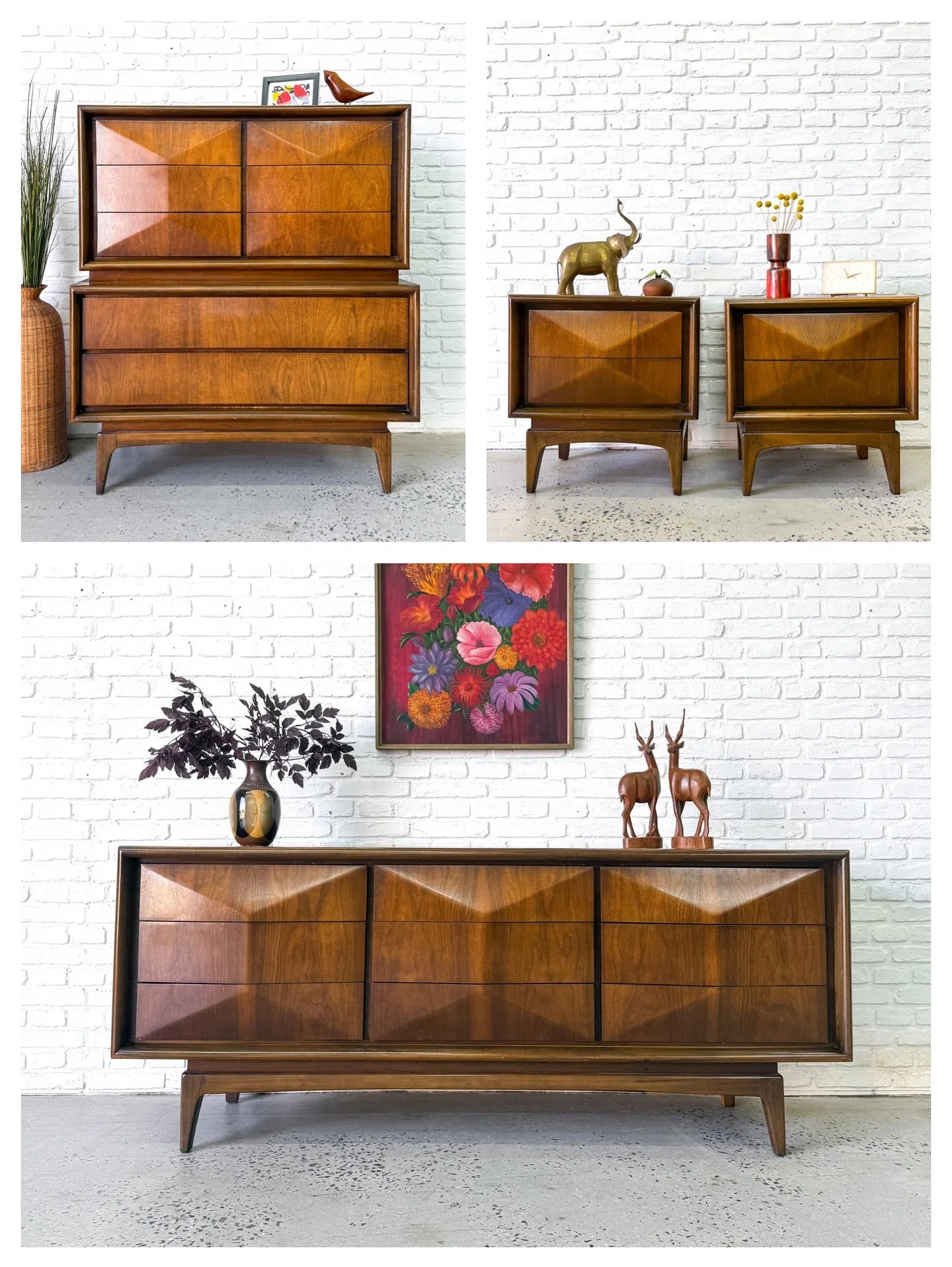 Diamond front bedroom set by United Furniture, circa 1960s. Catches the light from any angle, which highlights the iconic diamond design.
Built like it was meant to last 100 years, and it will. Good original condition with minor signs of vintage us