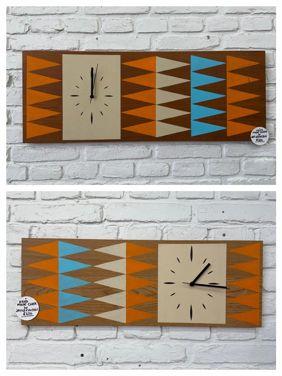 Check out these hand made / hand painted clocks on salvaged vintage teak.

Made by my dad, Jay Levinson

Top:
33.25&rdquo; x 12.5&rdquo; | $350

Bottom:
25&rdquo; x 9&rdquo; | $250

#clock #salvage #midcenturyclock #jaylevinson