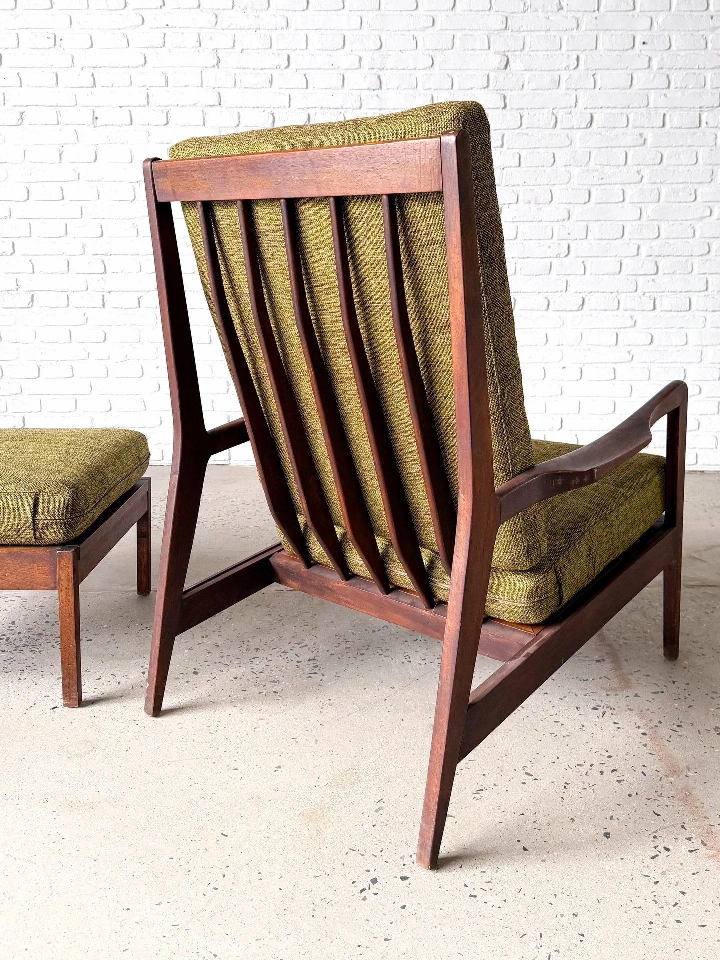 Take a seat, put your feet up, and sip some coffee in this 1960s highback lounge chair and ottoman. Brand spankin new upholstery and foam. 

Chair: 30&rdquo; x 33&rdquo;d x 40.5&rdquo; tall 
16.5&rdquo; seat height
Ottoman: 23.25&rdquo; x 22&rdquo;d 