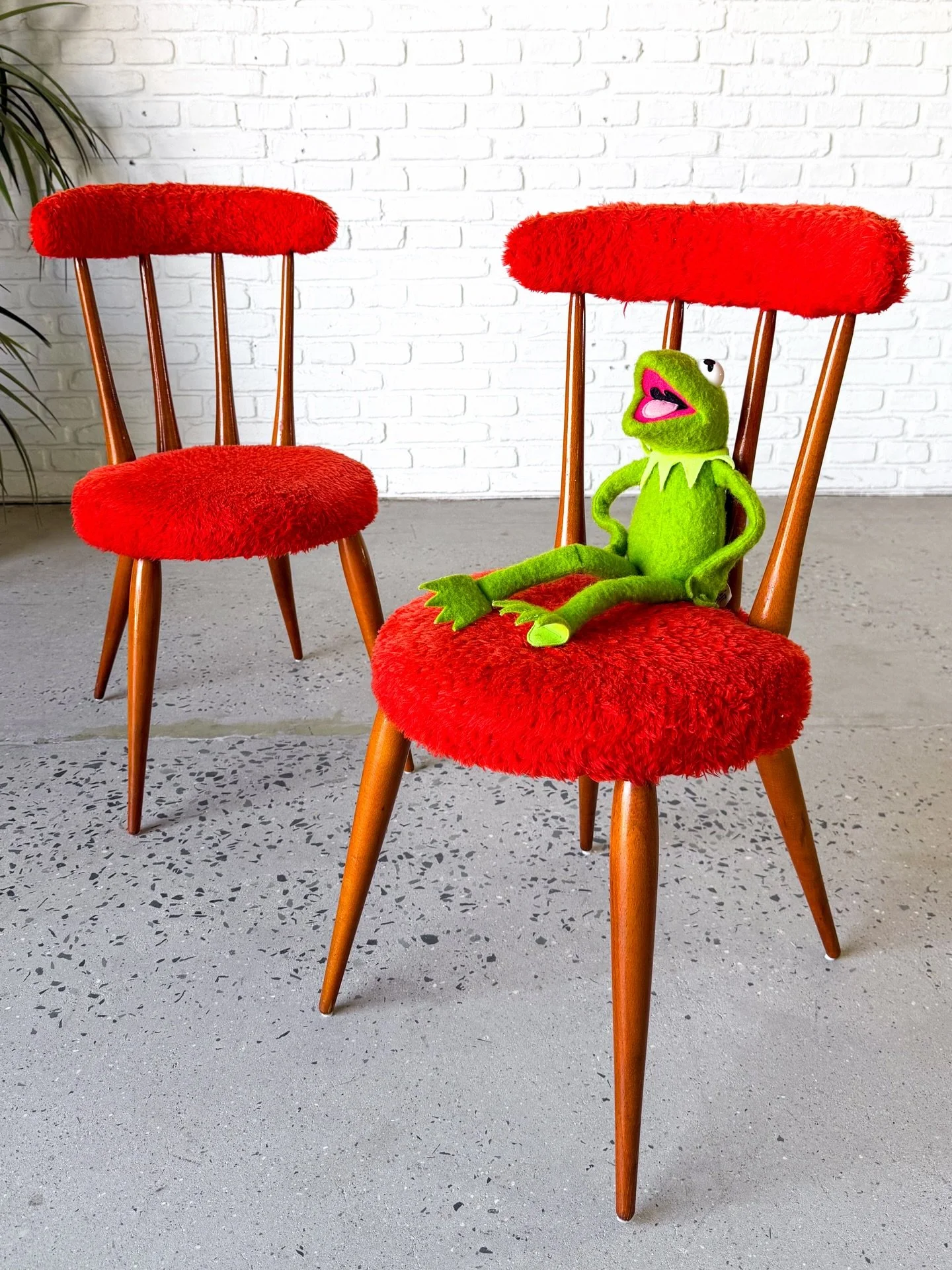 I call these the Muppet Chairs! 

It looks like these were hand covered back in the day by someone with the initials MB (see last slide).

$450/pair

*kermit not included*

#muppetchairs #midcenturychairs #midcenturychair #muppets