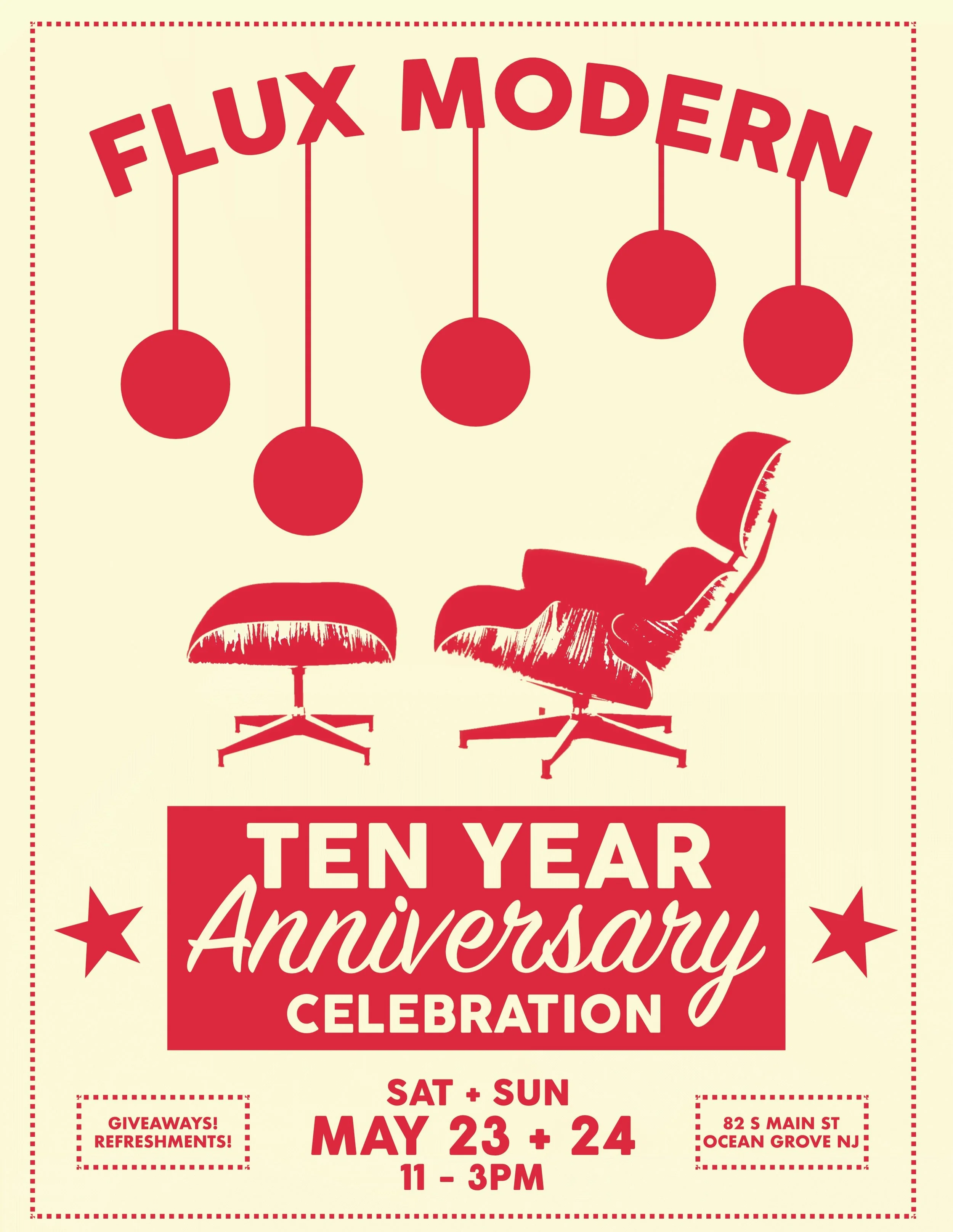 🚨BIG NEWS! 10 Years of Mid-Century Magic!🚨 

🎉 Come celebrate a DECADE of DESIGN at FLUX MODERN, your favorite mid century modern and vintage furniture shop! 🎉 

FLUX MODERN
🎉 TEN YEAR ANNIVERSARY CELEBRATION!🎉 
Sat + Sun
May 23 + 24
11-3pm

82