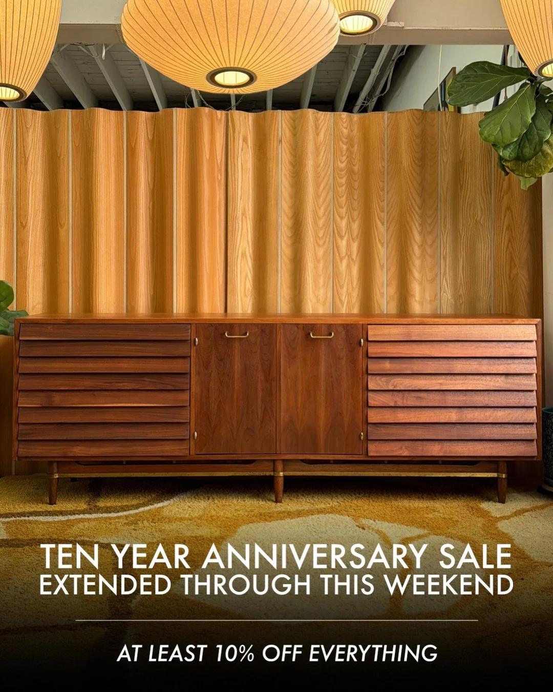 If you got rained out last weekend, come out to the Flux Modern warehouse this weekend!

We&rsquo;re extending the TEN YEAR ANNIVERSARY sale (10% off everything - even more on some pieces) to this weekend.

Open Sat and Sun 
May 30 + 31
11 - 3 PM

82