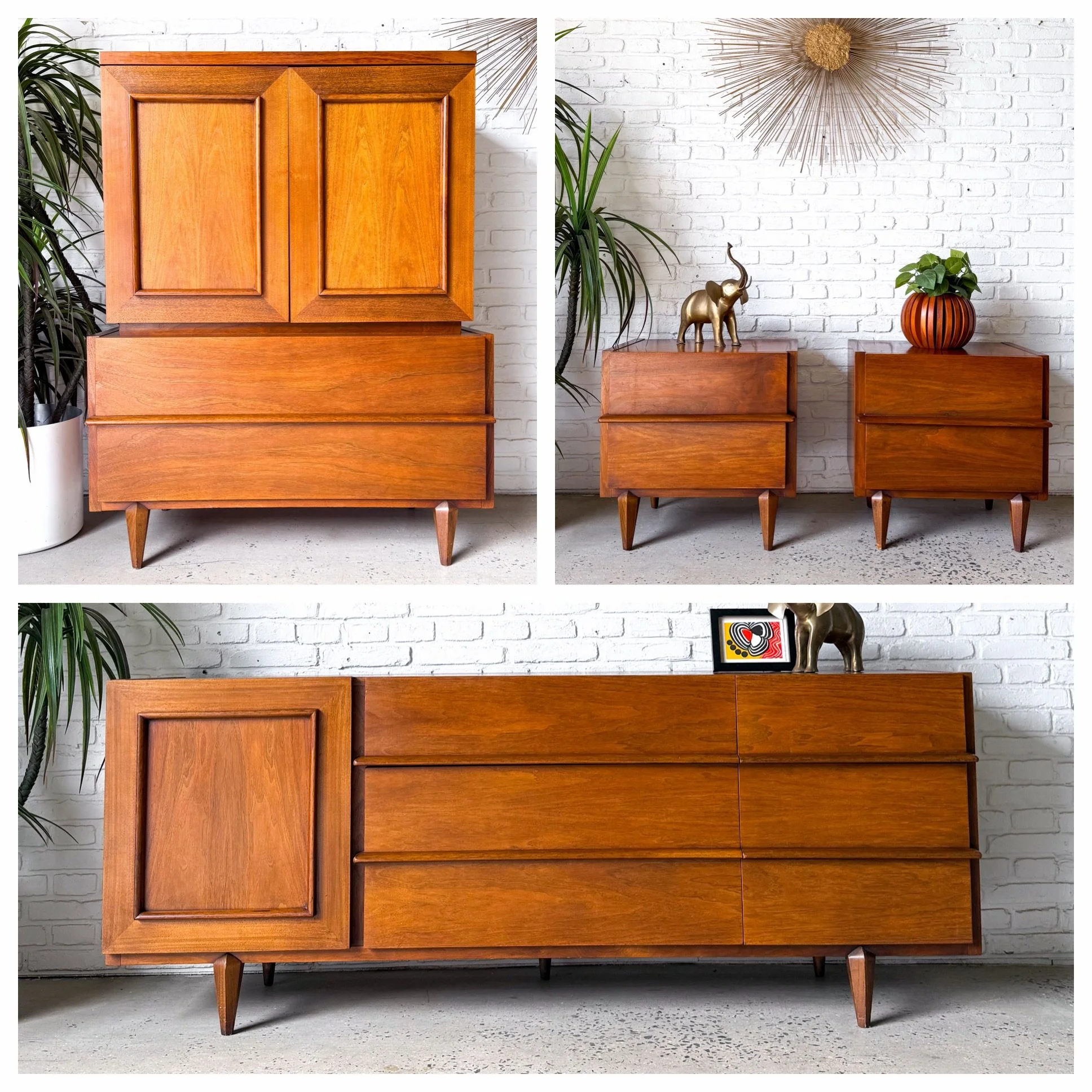 Just in: 1960s American of Martinsville walnut bedroom set. 

Highboy, lowboy, nightstands. 

#americanofmartinsville #midcenturybedroomset #midcenturyfurniture