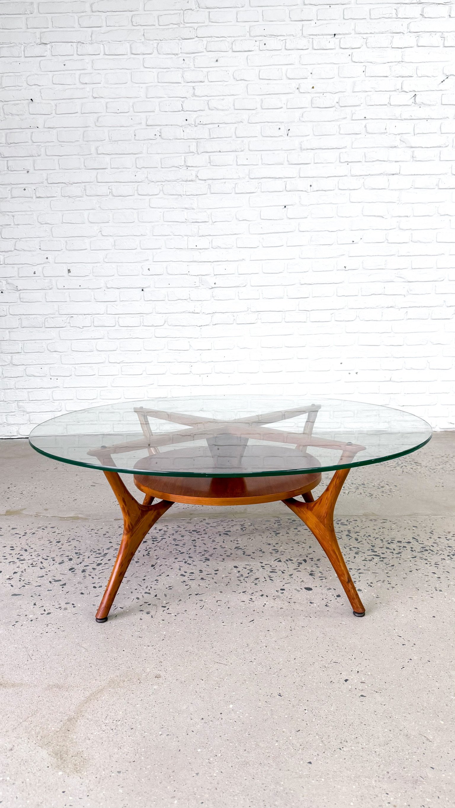 Scupted wood and glass mid century round coffee table9.jpg