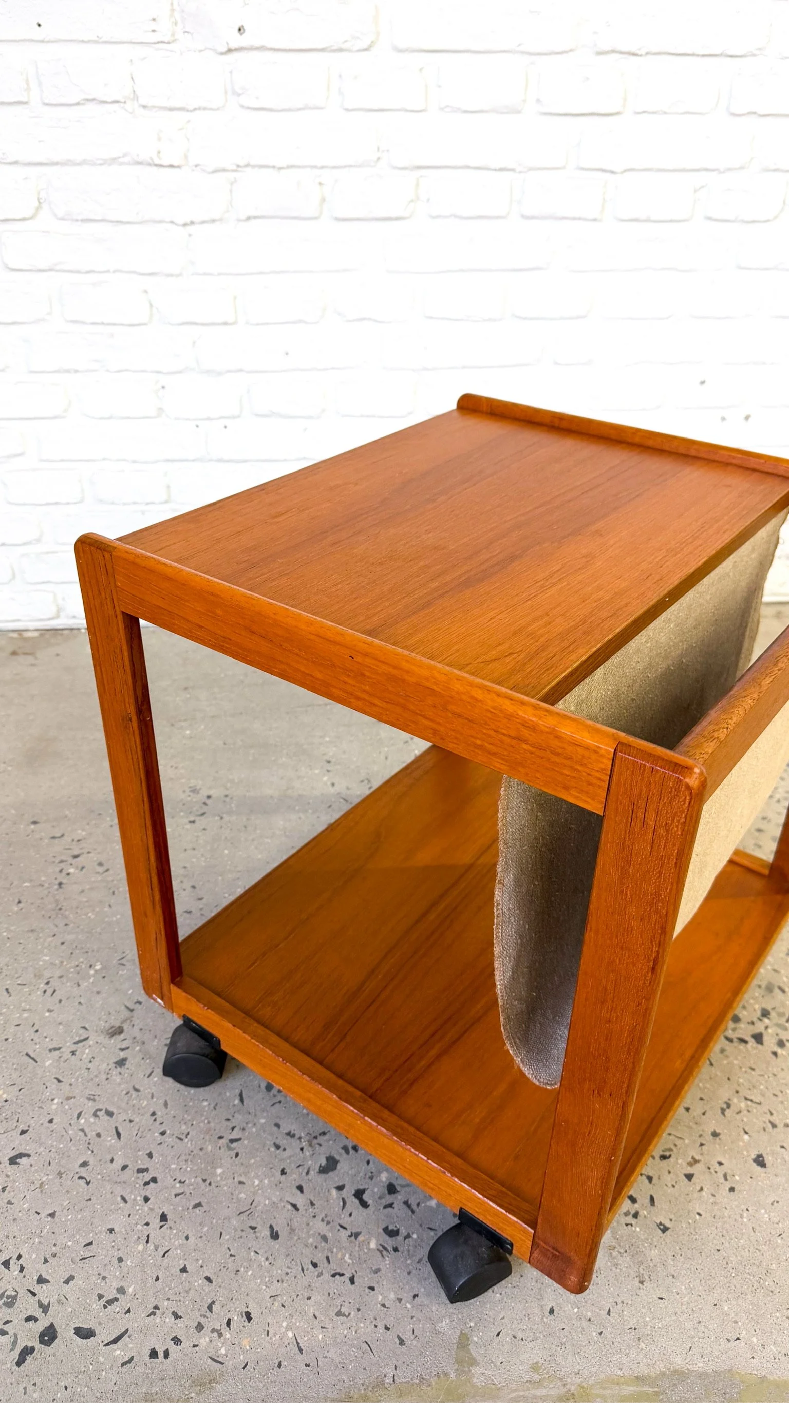 Rolling Danish Teak Side Table with Canvas Magazine Holder3.jpg