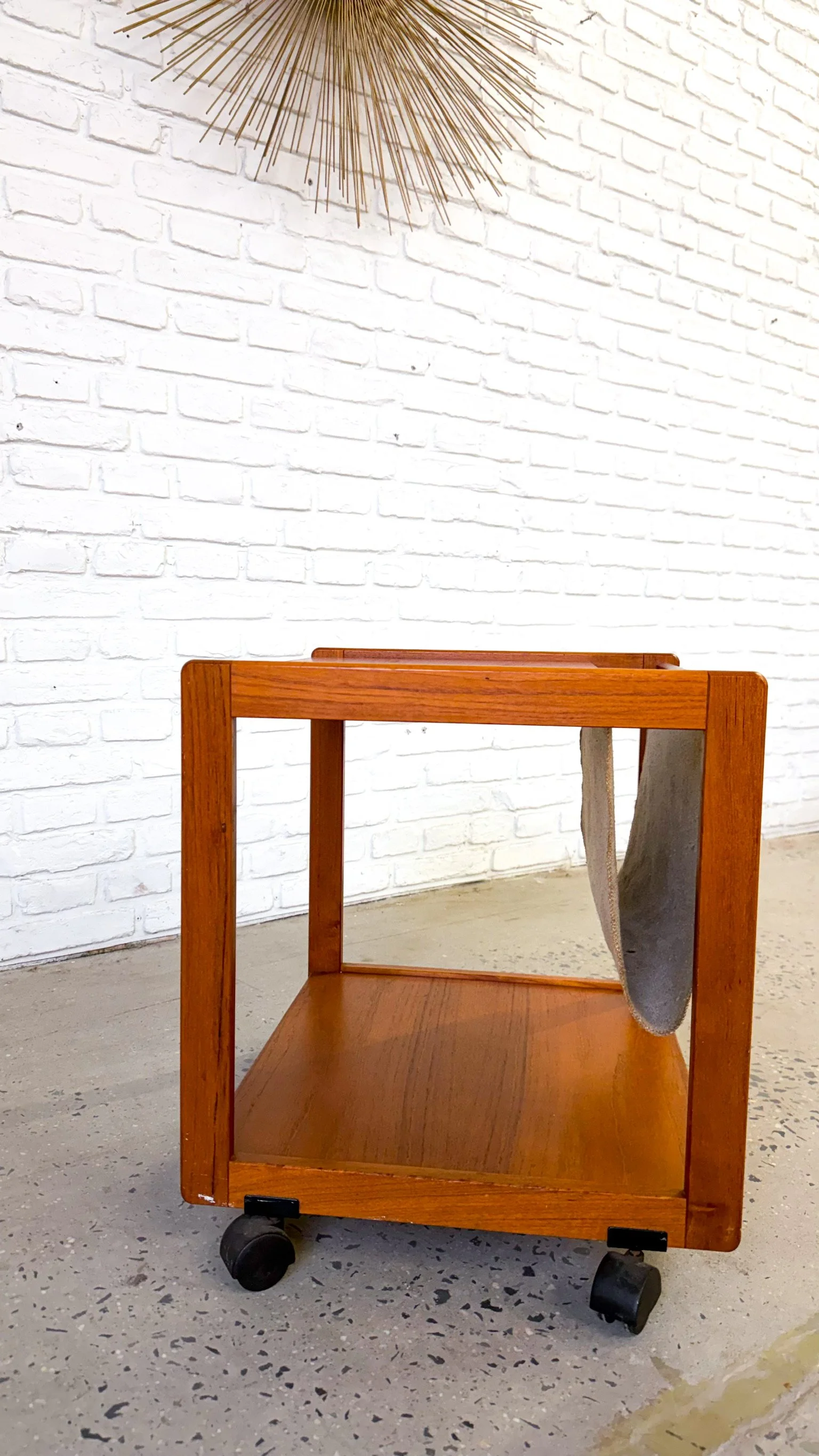 Rolling Danish Teak Side Table with Canvas Magazine Holder2.jpg