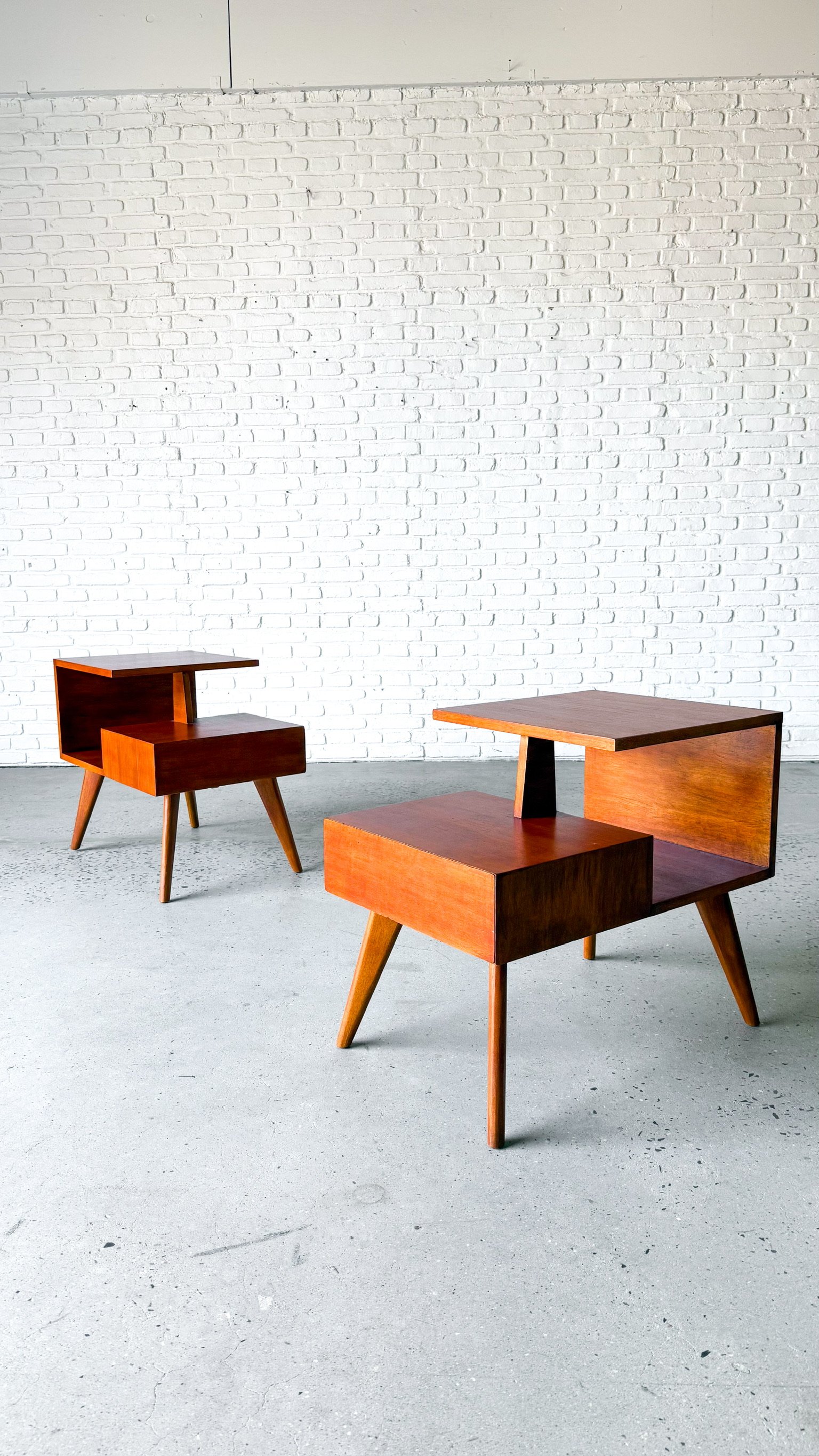 1950s Two Tiered Cantilever Side Tables Pair with hidden drawer- Refinished! (Copy)