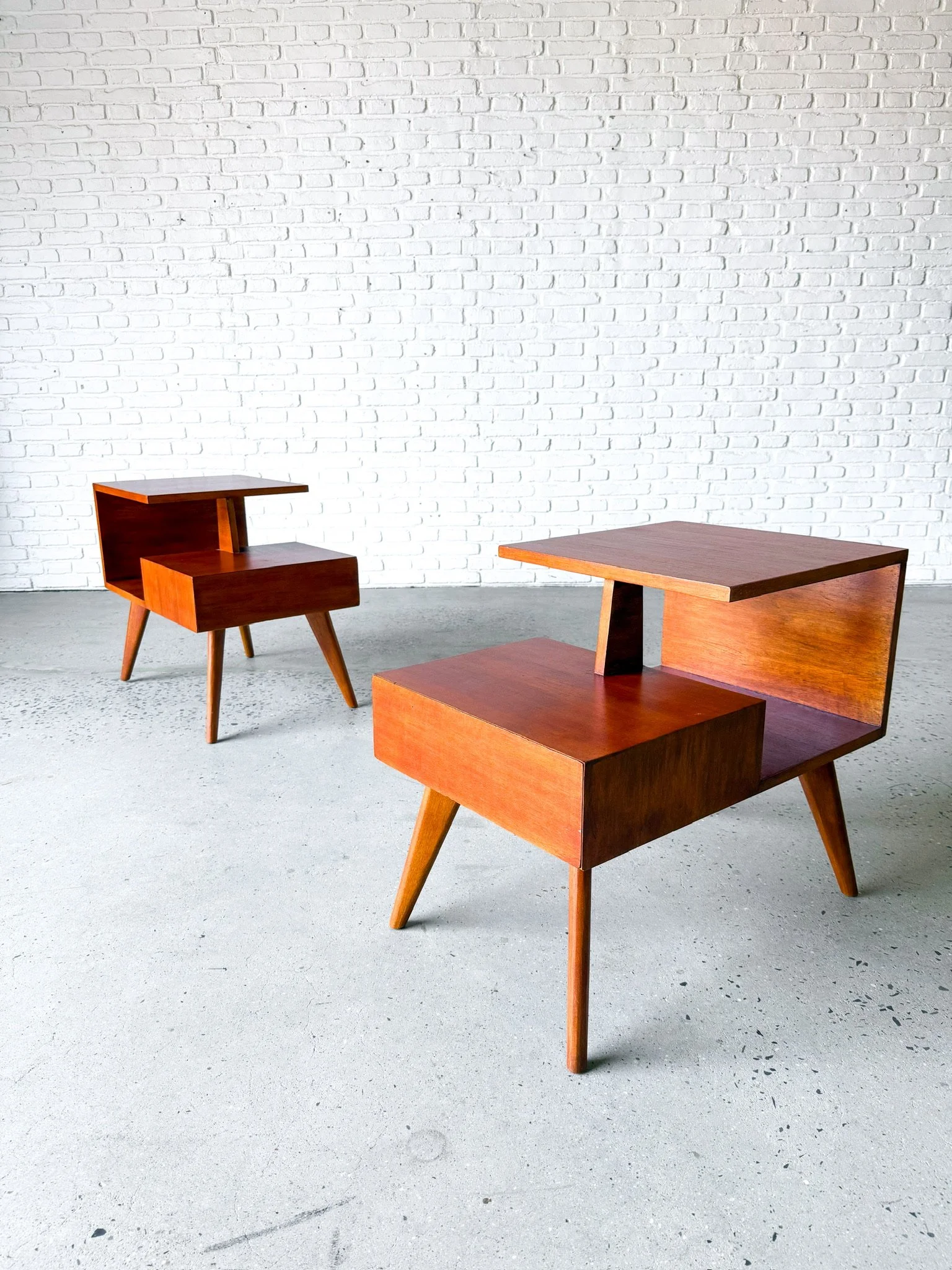 1950s Two Tiered Cantilever Side Tables Pair with hidden drawer- Refinished! (Copy)