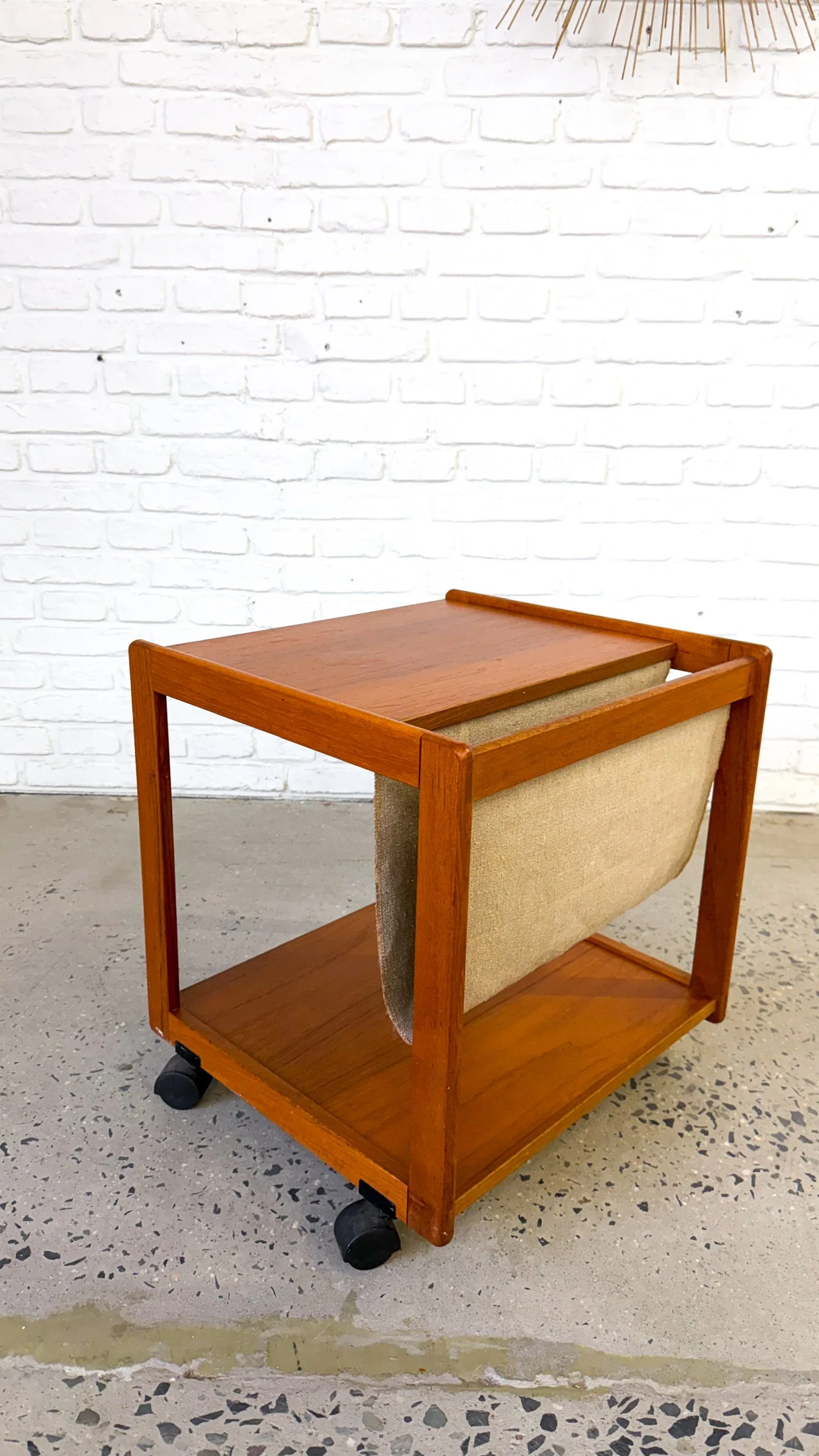 Rolling Danish Teak Side Table with Canvas Magazine Holder1.jpg