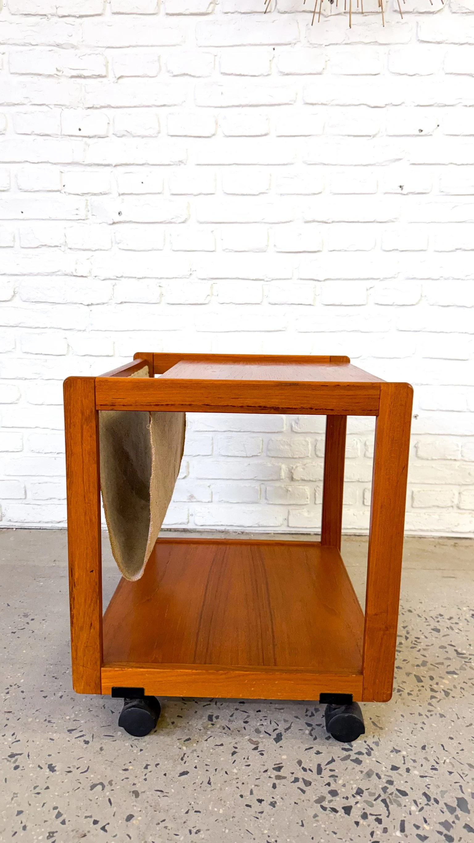 Rolling Danish Teak Side Table with Canvas Magazine Holder8.jpg