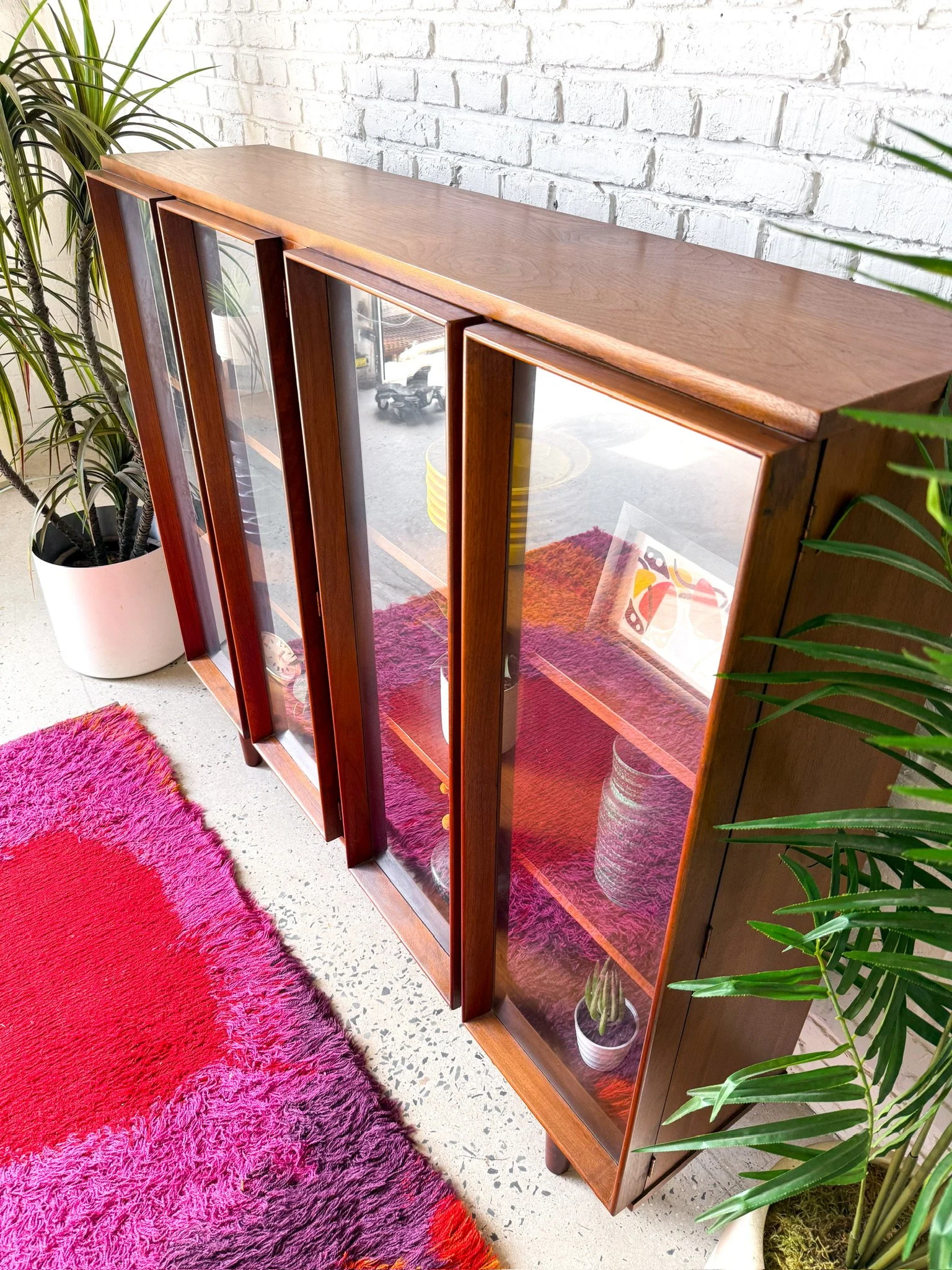 1960s Modern Walnut Curio Cabinet Display Shelving