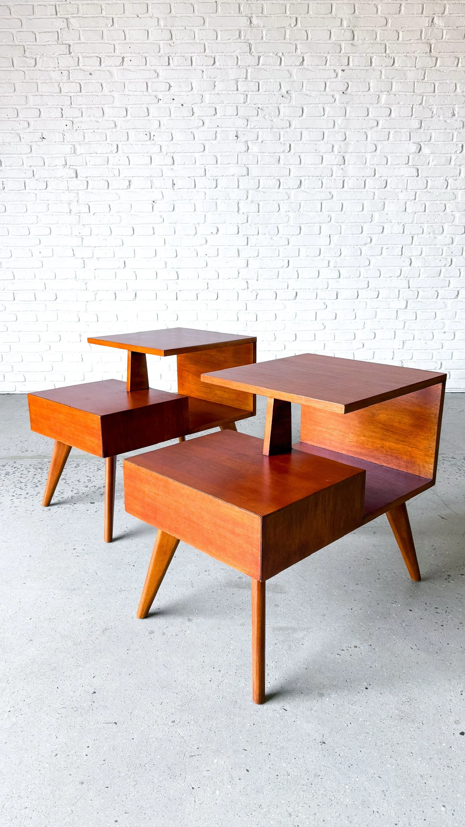1950s Two Tiered Cantilever Side Tables Pair with hidden drawer- Refinished! (Copy)