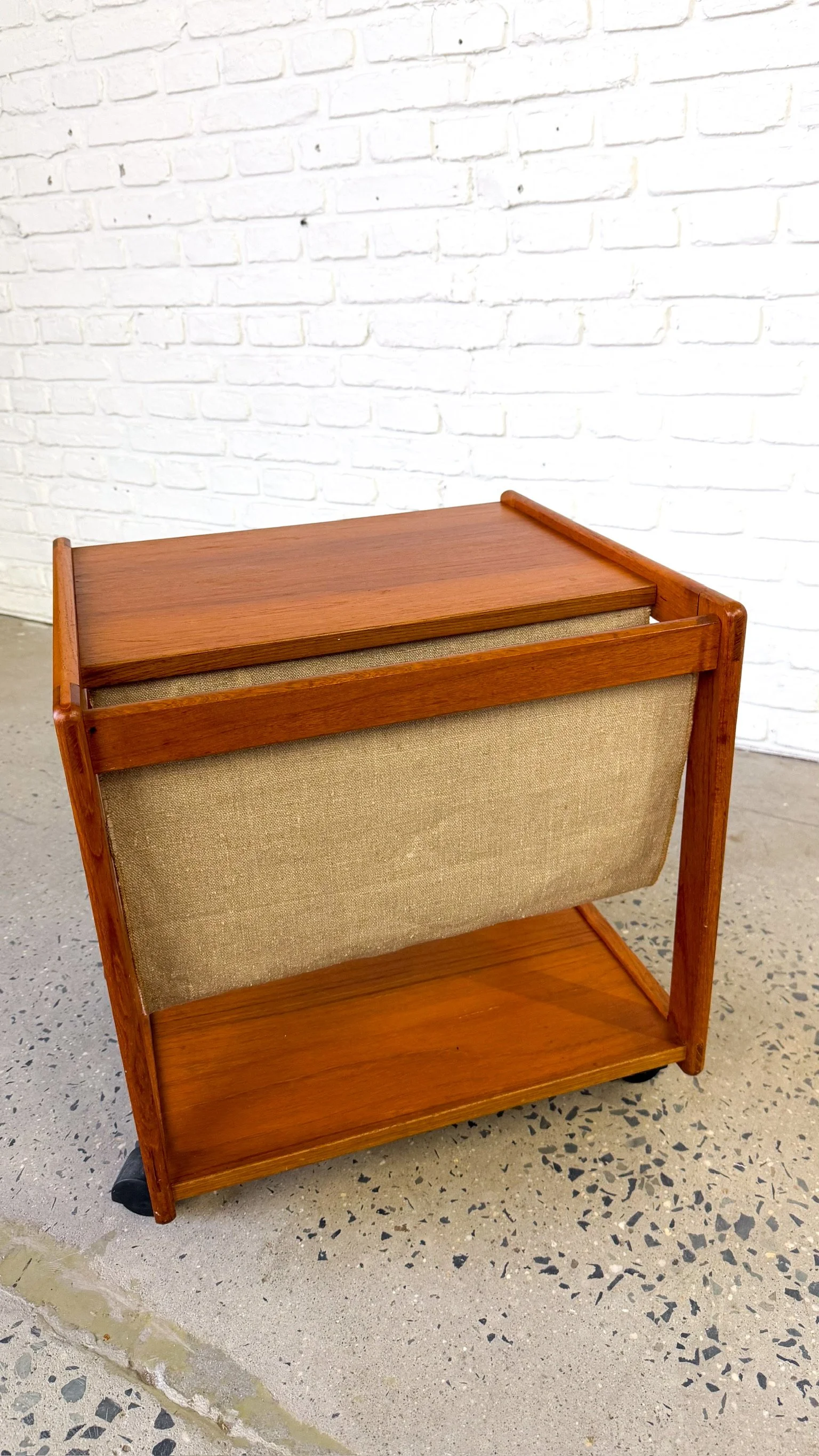 Rolling Danish Teak Side Table with Canvas Magazine Holder5.jpg