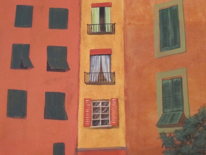 "show balconies and louvered shutters, propped open to catch the breezes..."