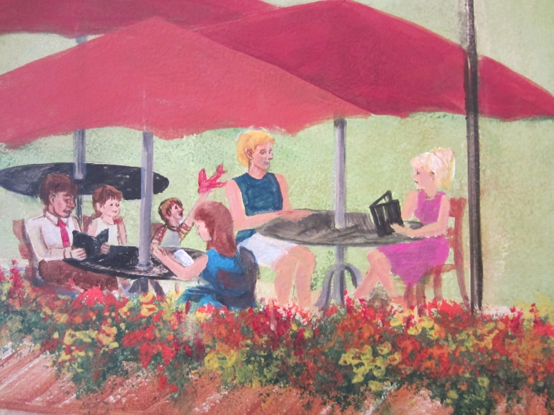 ...complete with people dining on a flower-filled patio.