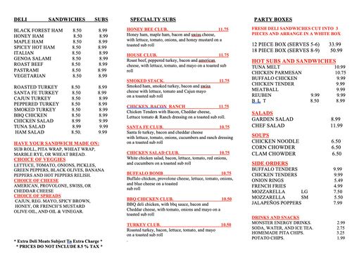 Strums Deli Menu HONEY HAM AND SUBS