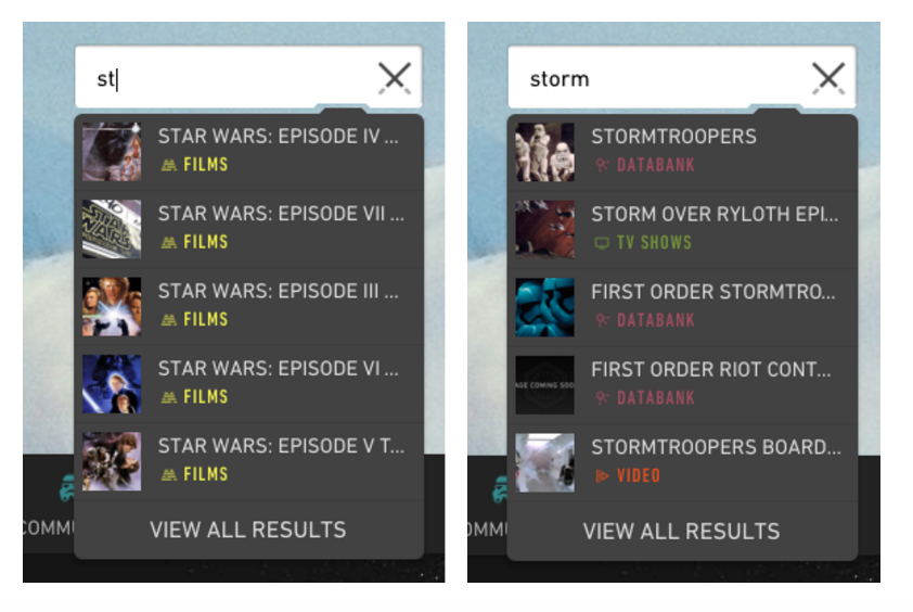  This search bar was located in the traditional upper right corner of the    www.starwars.com    homepage. As I started typing the search query in the input box, a list of suggested results based on my ongoing typing appeared. As I continued to type