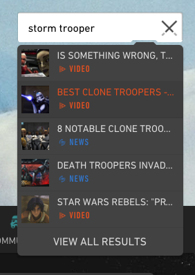   After I finished typing my search query, I had the option of clicking one of the articles listed, or viewing all search results. Or, if I wanted to cancel my search, I could have clicked the crossing lightsabers which served as the “x” button.   