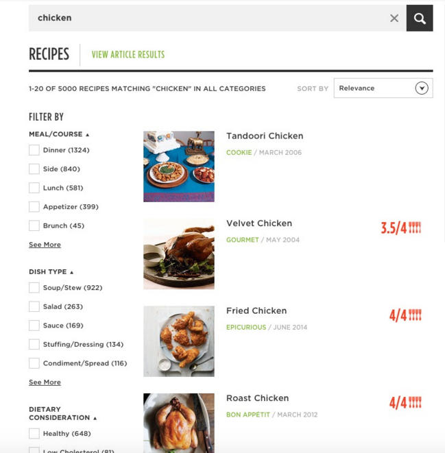  After searching for “chicken,” I was presented with a list of recipes with a picture and a rating for (almost) all of them, which seems pretty standard for food and recipe sites. However, on the left hand side of the screen was an   extensive  &nbs