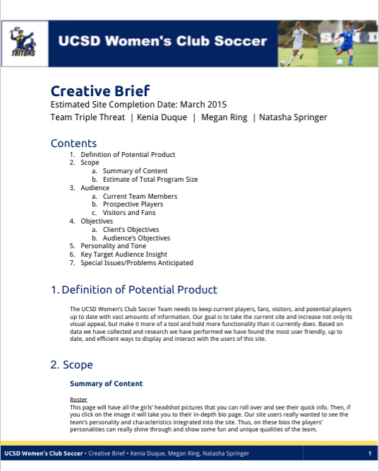  Creative Brief - The first page of the creative brief we wrote to articulate our planned redesign of the website. We addressed our goals for the project, examples of aspects we wanted to include, objectives for our client and users, etc. 