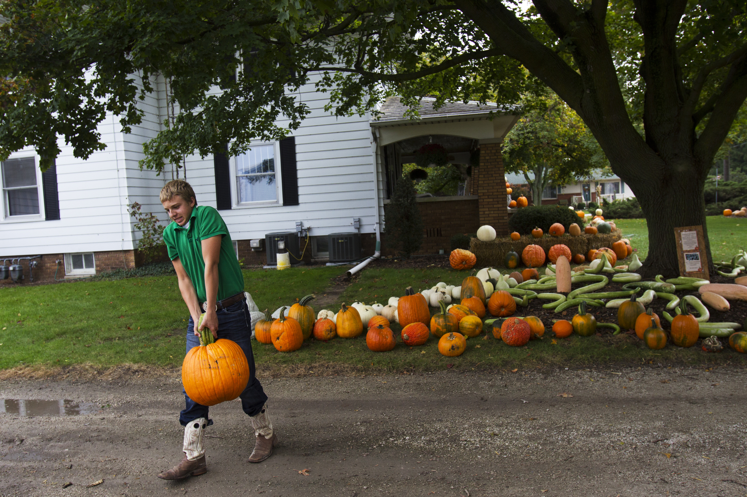  A local boy lugs a pumpkin back to his mother's truck from the Abke property just outside Pemberville, Ohio. The Abke's get by on their family farm by holding day jobs and selling seasonal produce. Anyone who purchases their produce is on the honor 