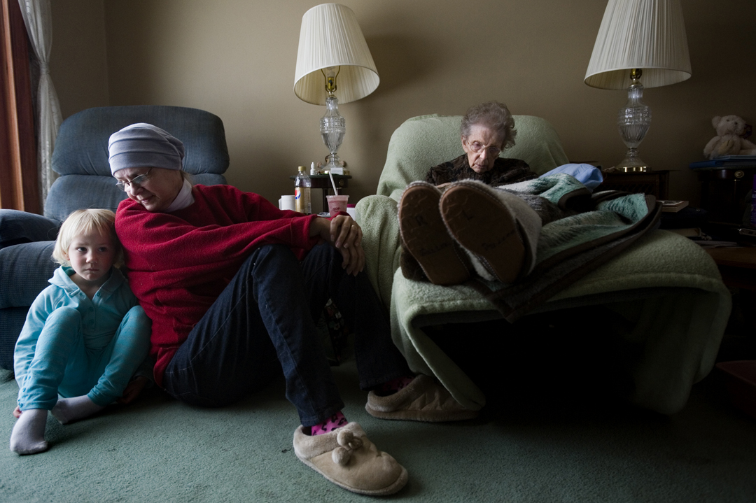  Jan Duke, center, has a word with her granddaughter, Mira, 4, in between a conversation with her mother, Mary Miller, 91, at her home in Leoni Township. Since being diagnosed with stage 4 pancreatic cancer on her grand daughter's wedding day last Oc