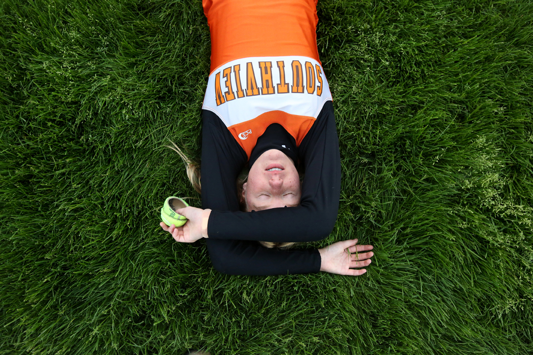  Southview's freshman Helen Waldie catches her breath after running with three other teammates in the 4 by 200 meter relay during the Northern Lakes League track and field championship meet at Maumee High School. Southview's team won the relay.  The 